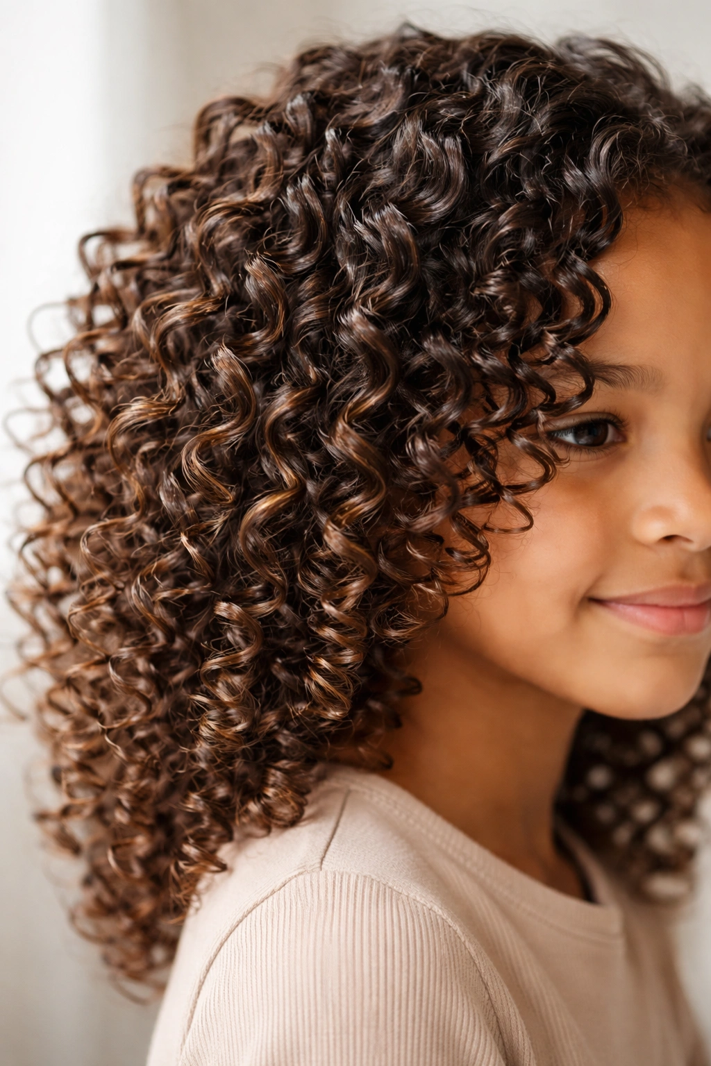 Close-up of a child’s defined curls with separation and shine
