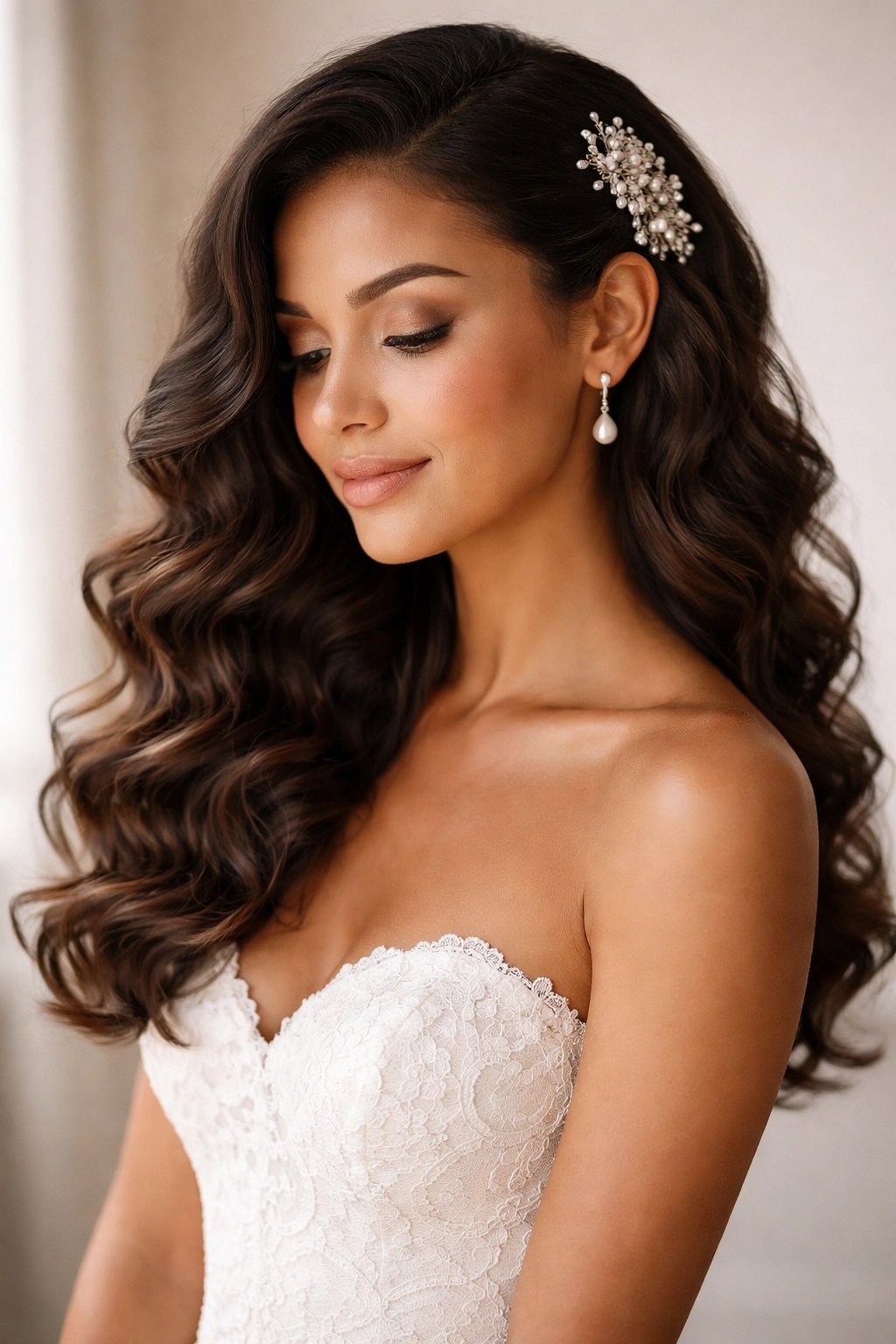 Defined curls into low loose waves with deep side part