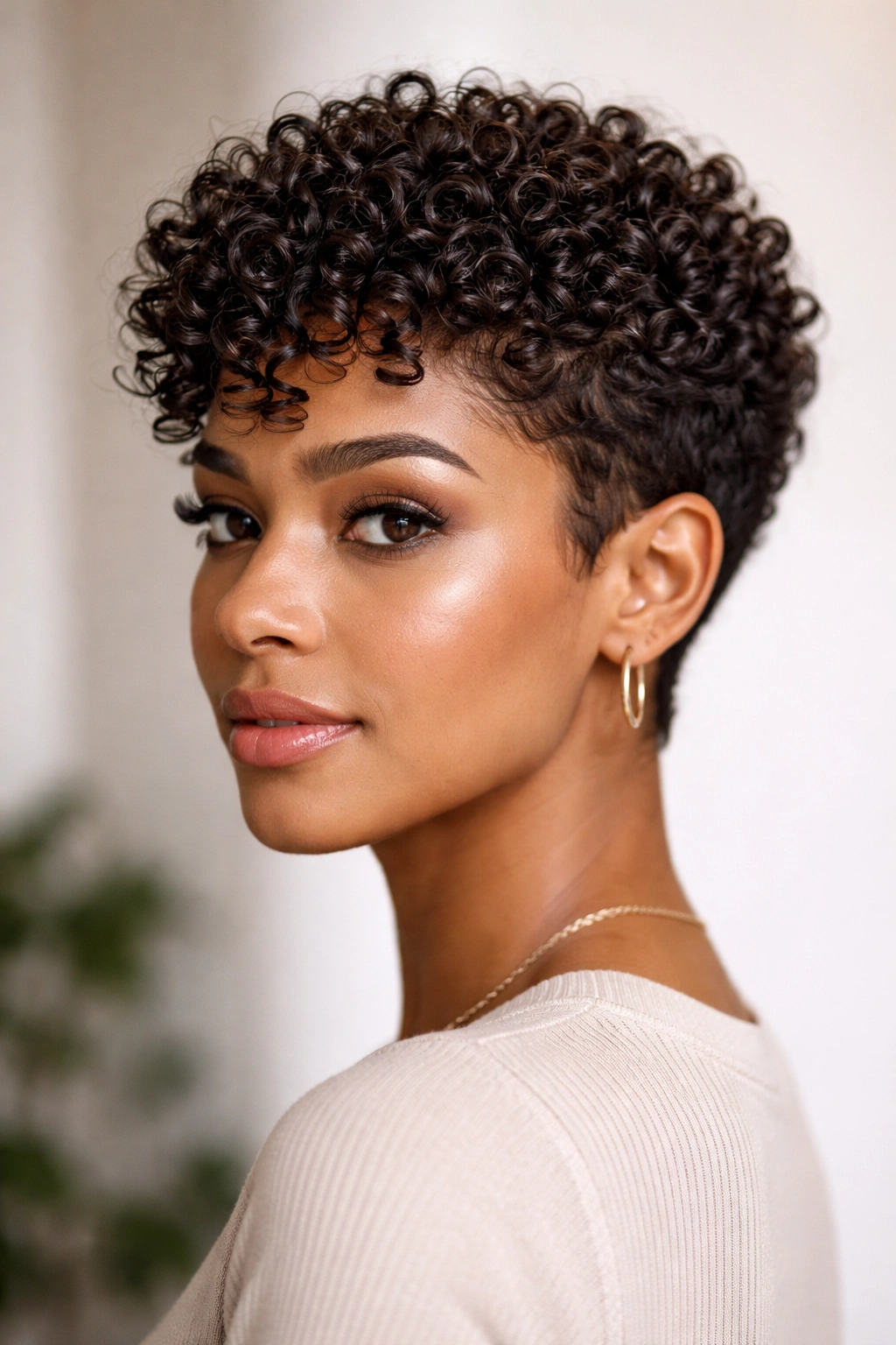 Close-up of defined coils in a short curly pixie with clear coil separation.