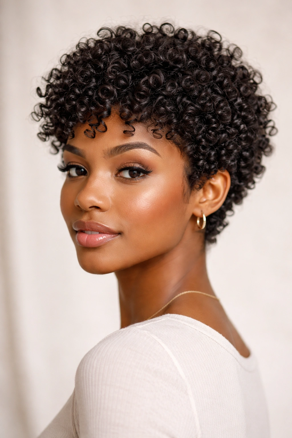 Close-up of a short defined curl crop with soft layered curls