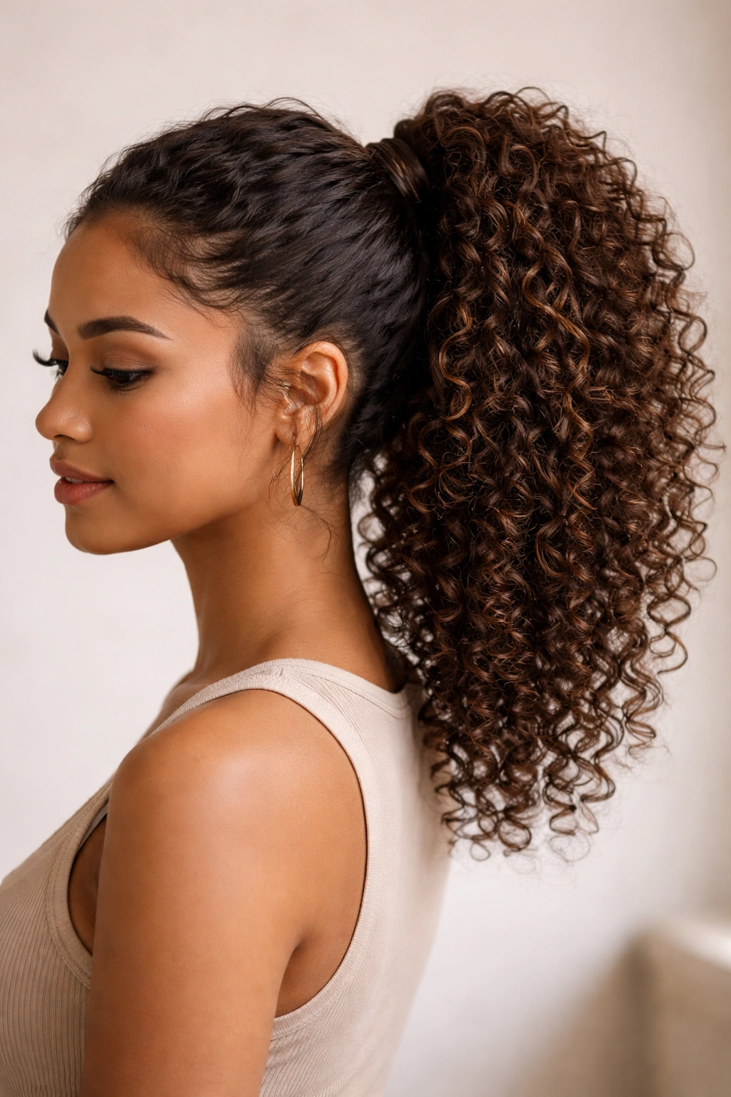 Defined curly ponytail with wrapped elastic and defined curls
