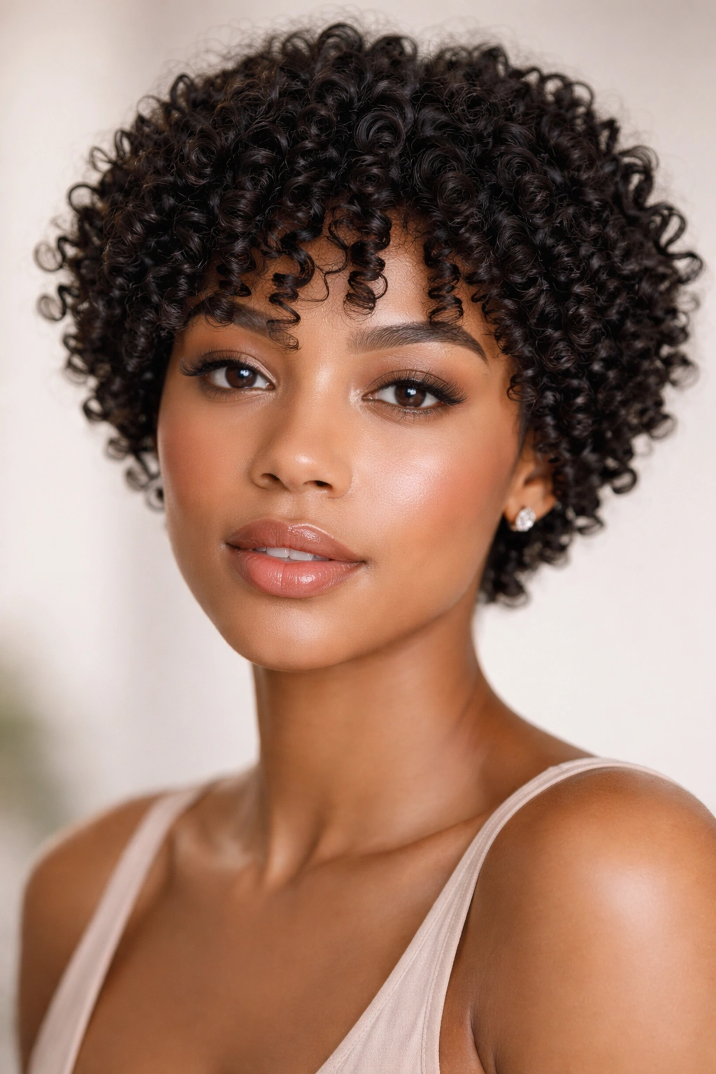 Close-up of short hair with defined ringlets and light-catching spirals