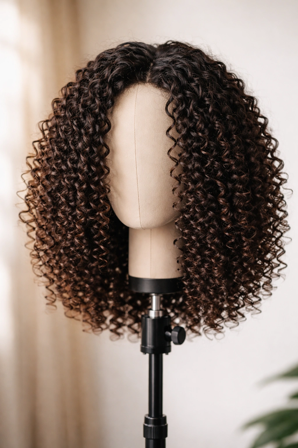 Medium-length defined spiral curls wig on stand