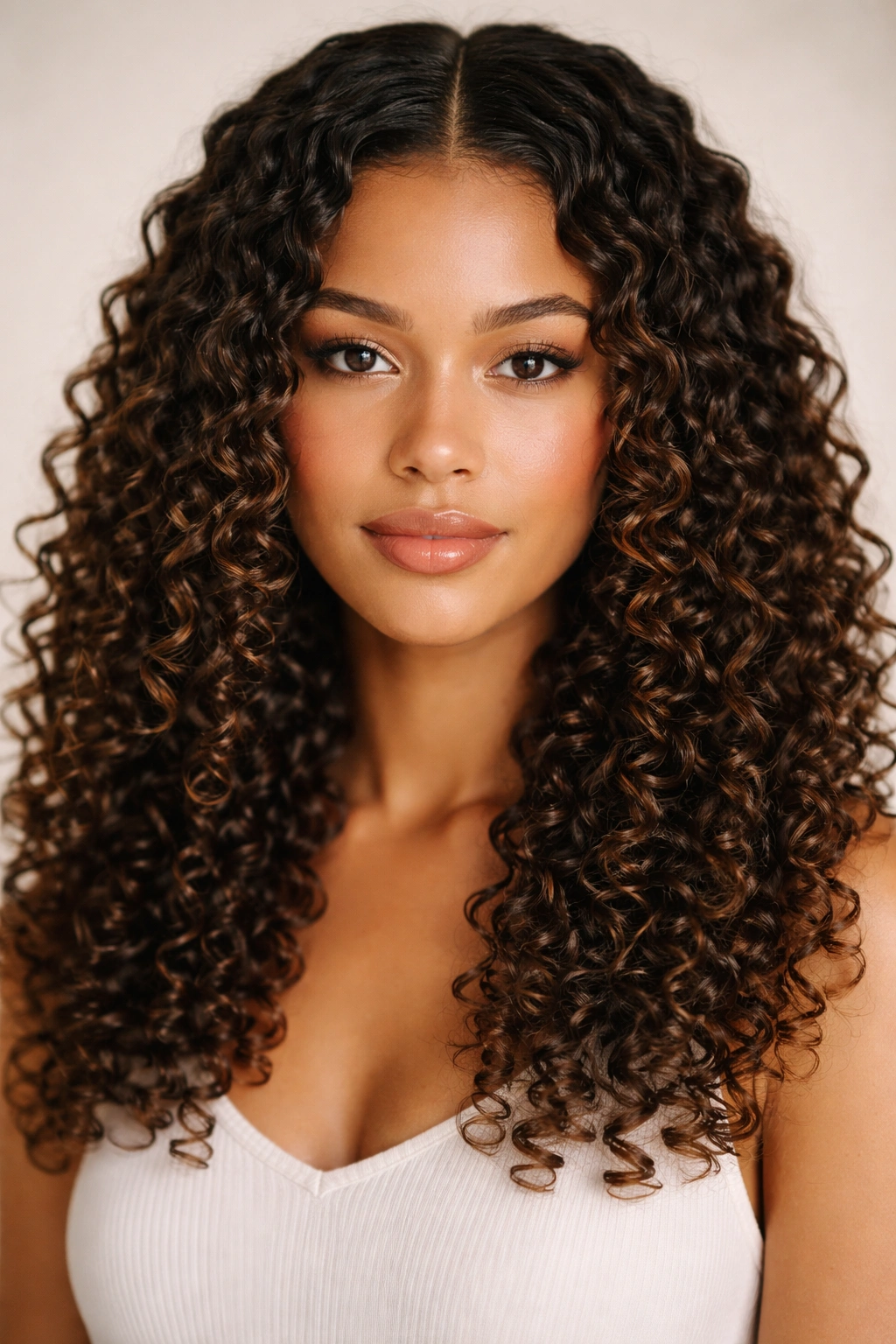 Front view of defined spiral curls with a center part