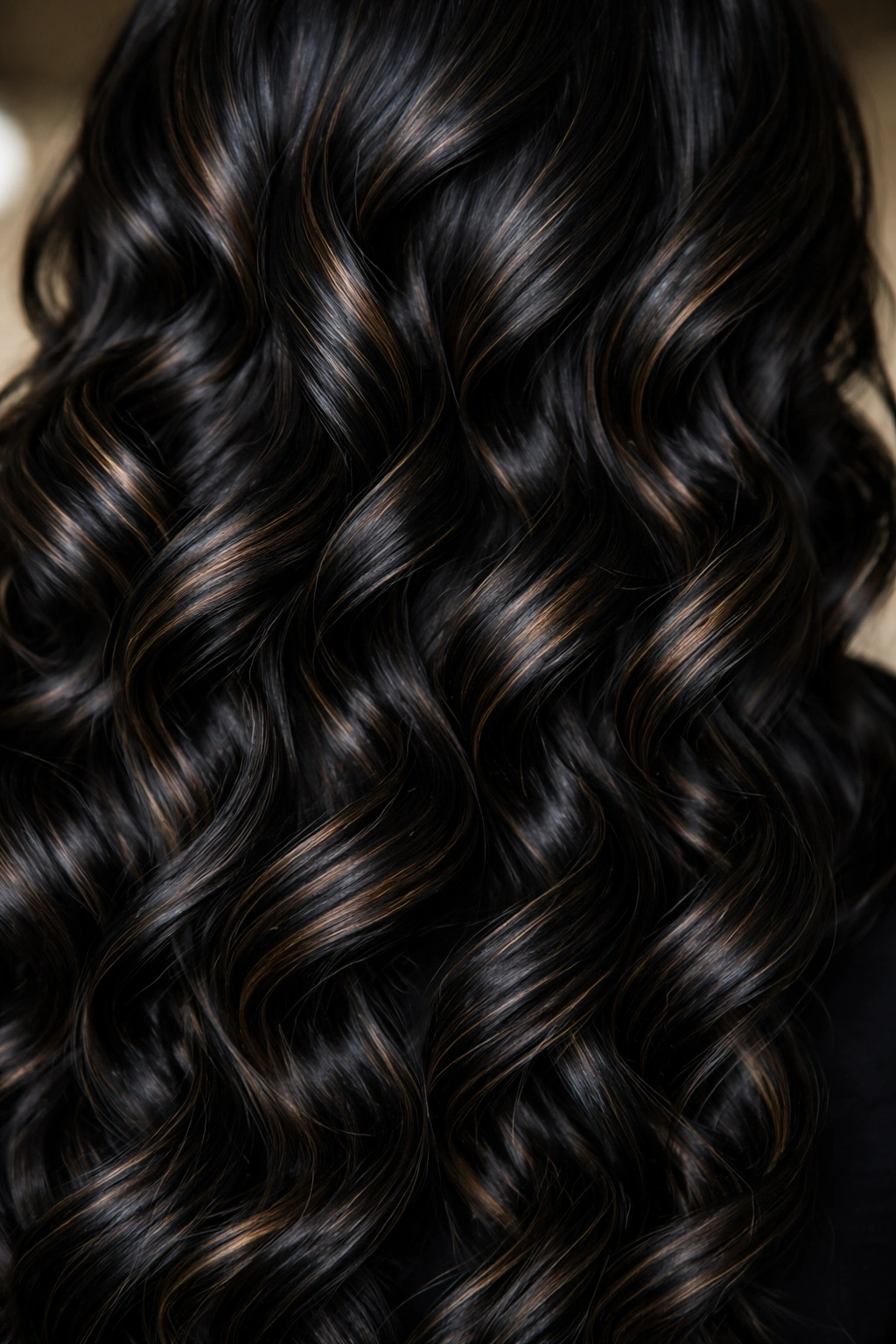 Defined spiral waves with subtle caramel highlights on black hair