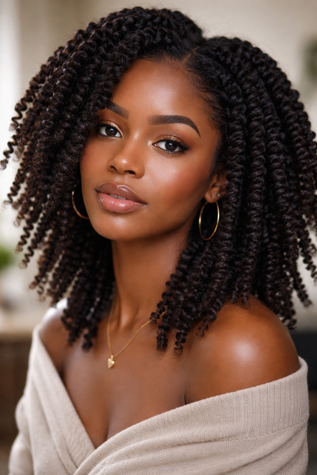 Close-up of defined twist-outs on 4c hair showing elongated curls.