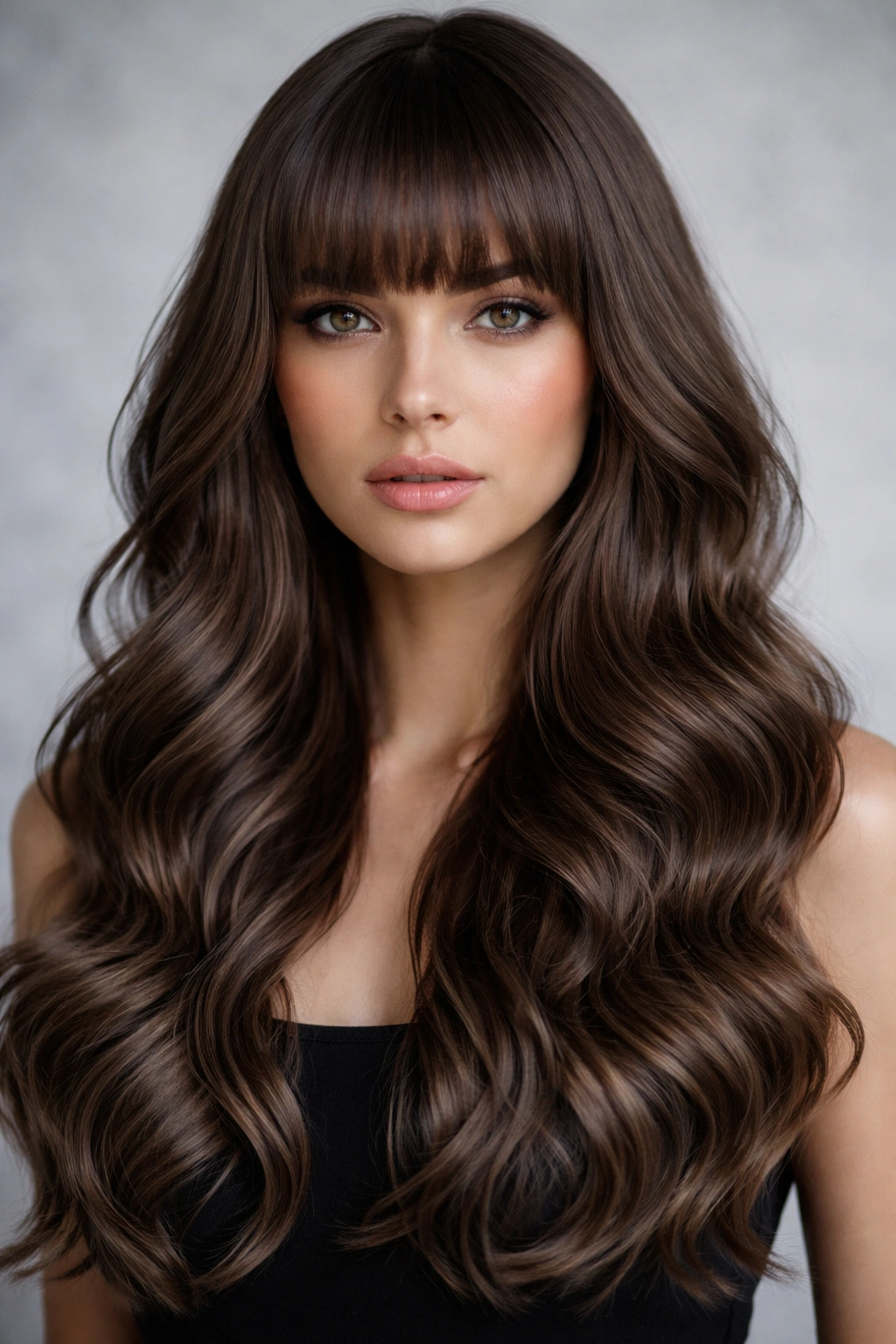 Defined waves with full blunt bangs in cool brown on a head-and-shoulders portrait