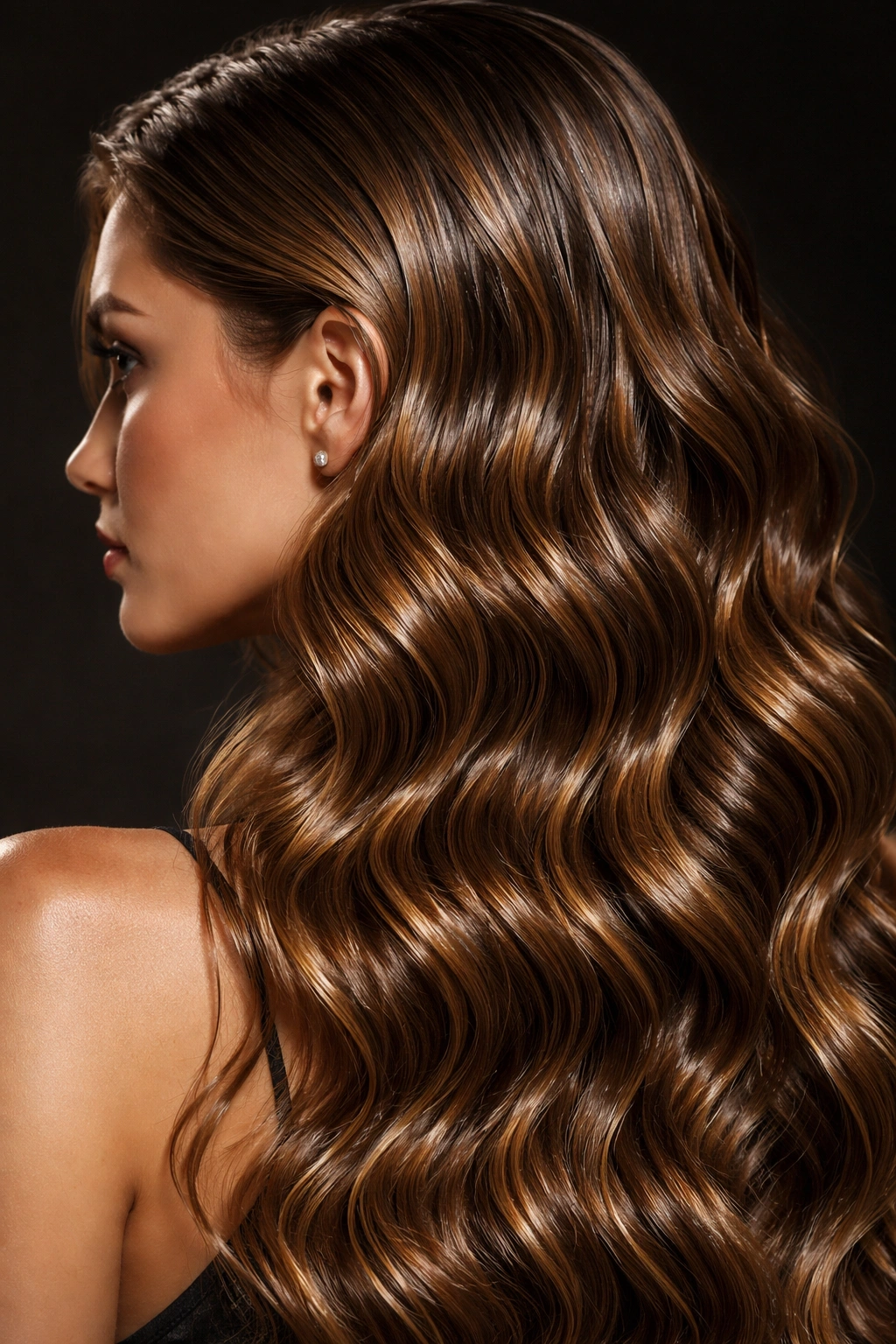 Defined caramel waves with a glossy wet-look finish