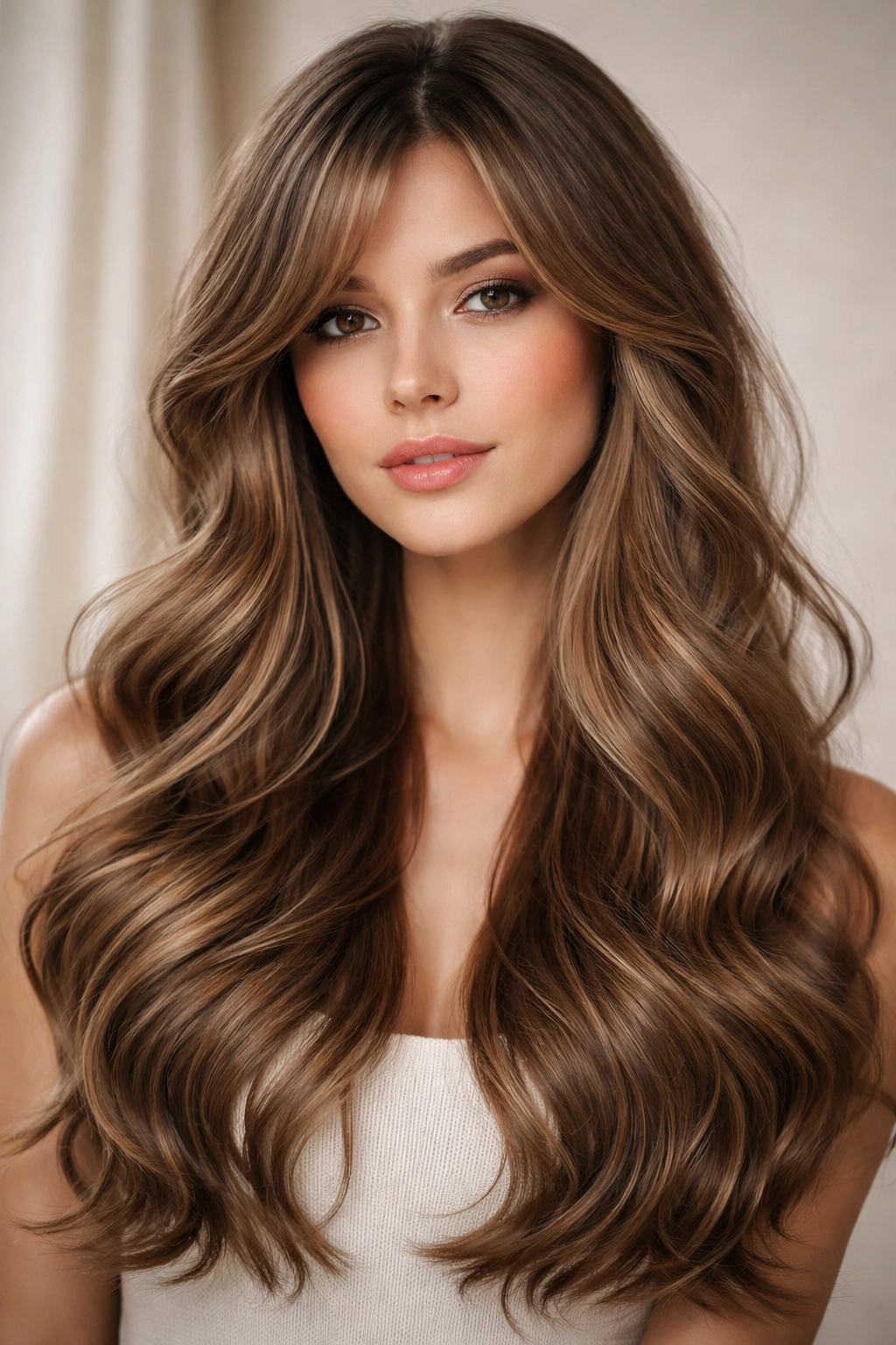 Close-up of defined waves with curtain side bangs, showing wave separation and face-framing fringe.