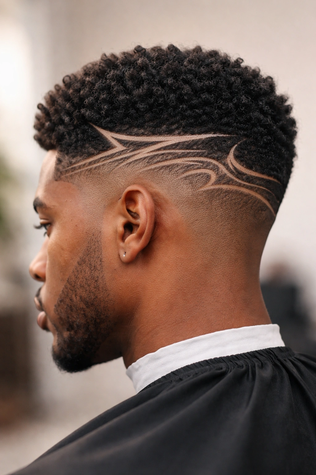 Side and back view of an Afro with intricate design fade patterns