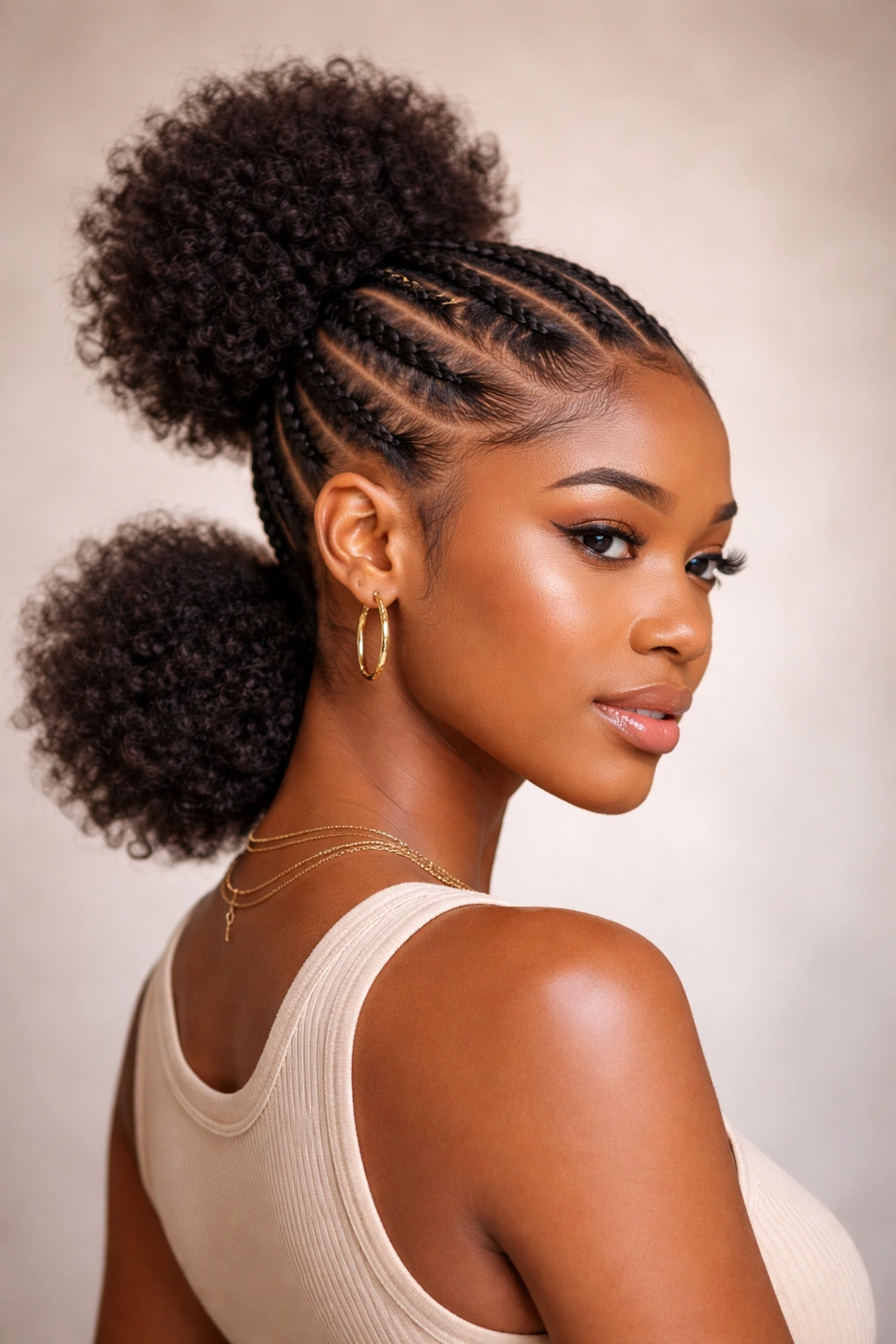 Diagonal cornrows with alternating height afro puffs for an asymmetrical look
