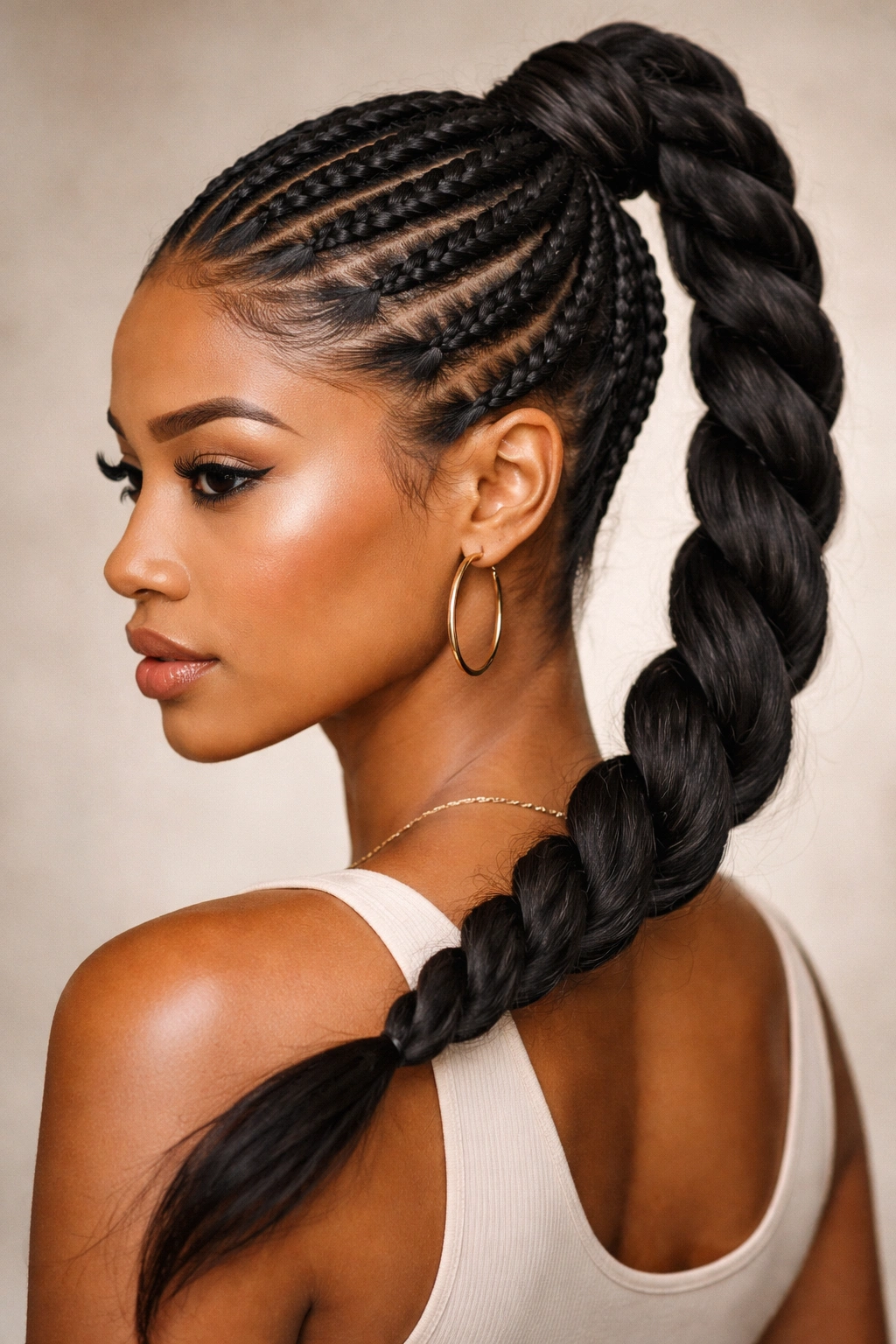 Diagonal thick cornrows forming a twisted high ponytail