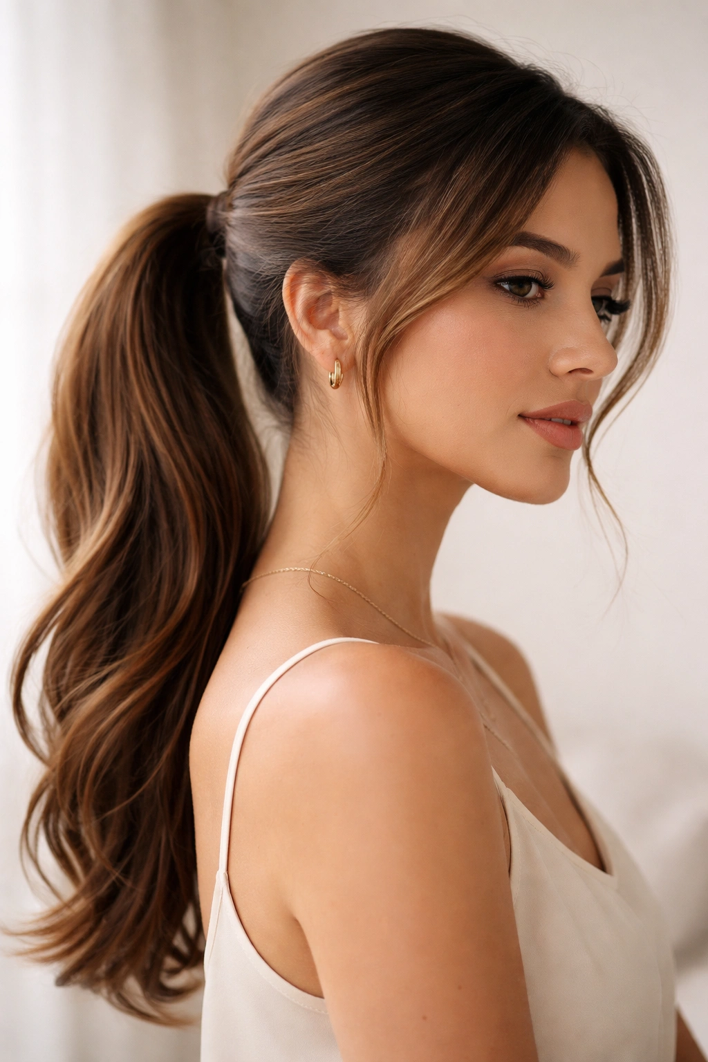 Profile shot of diagonal sweep ponytail with side part