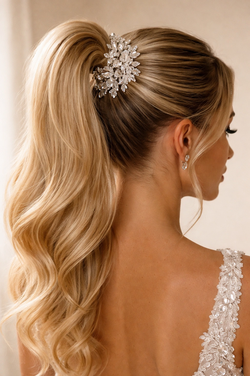 Ponytail with diamond crystal hair accessory for glamorous look