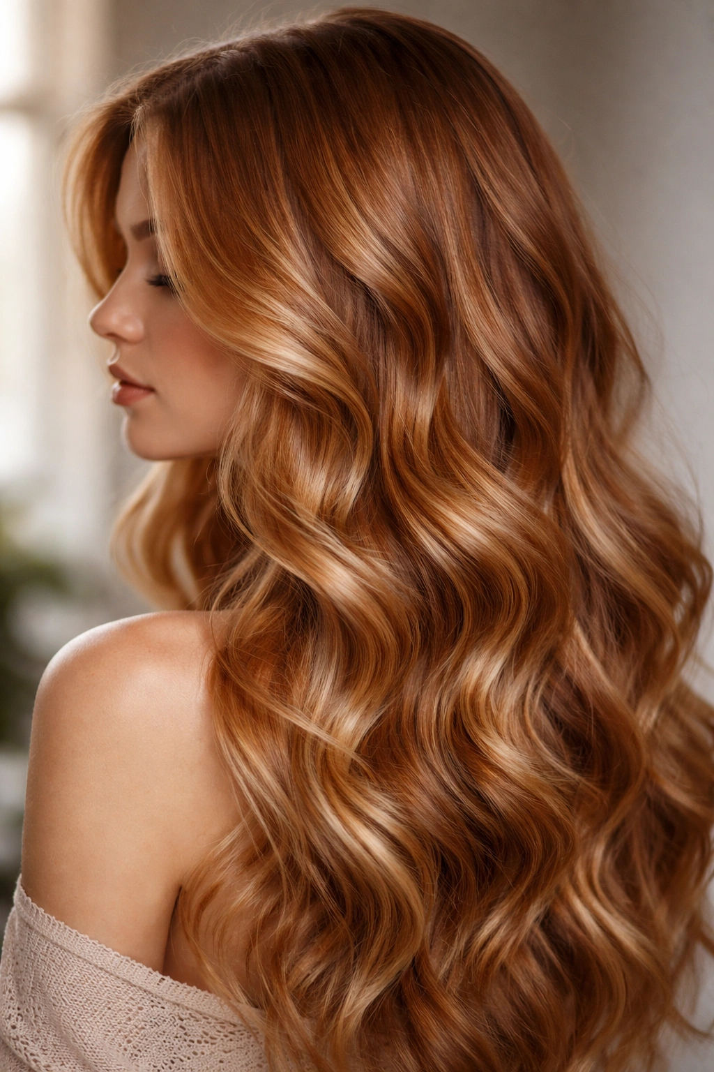 Hair with textured waves showing dimension and highlights in strawberry blonde