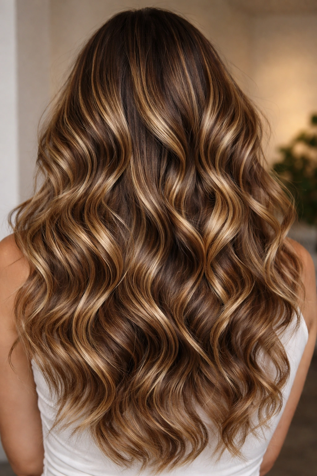 Long waves with dimensional honey and caramel balayage blend.
