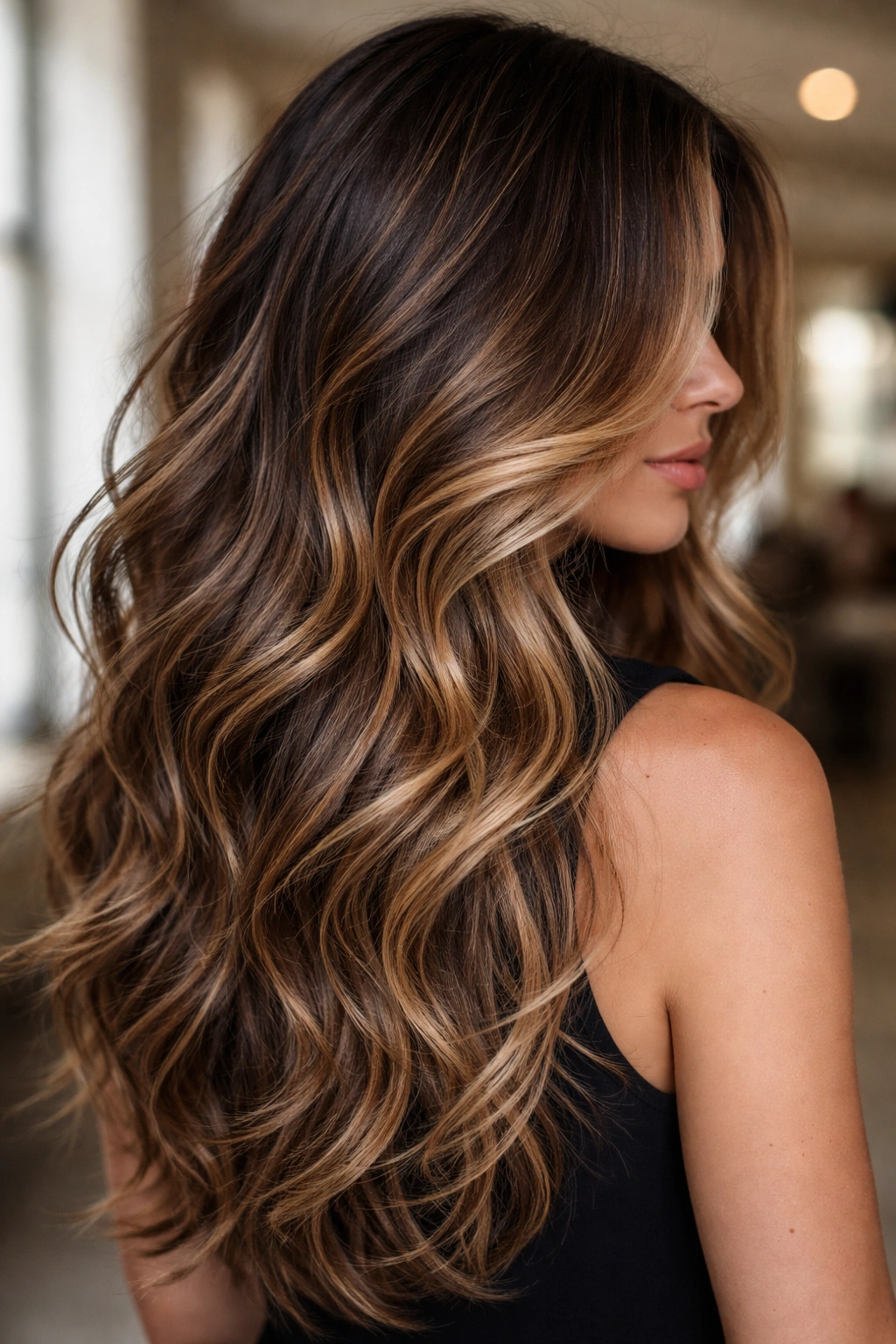 Layered textured waves with multidimensional balayage in three tones.