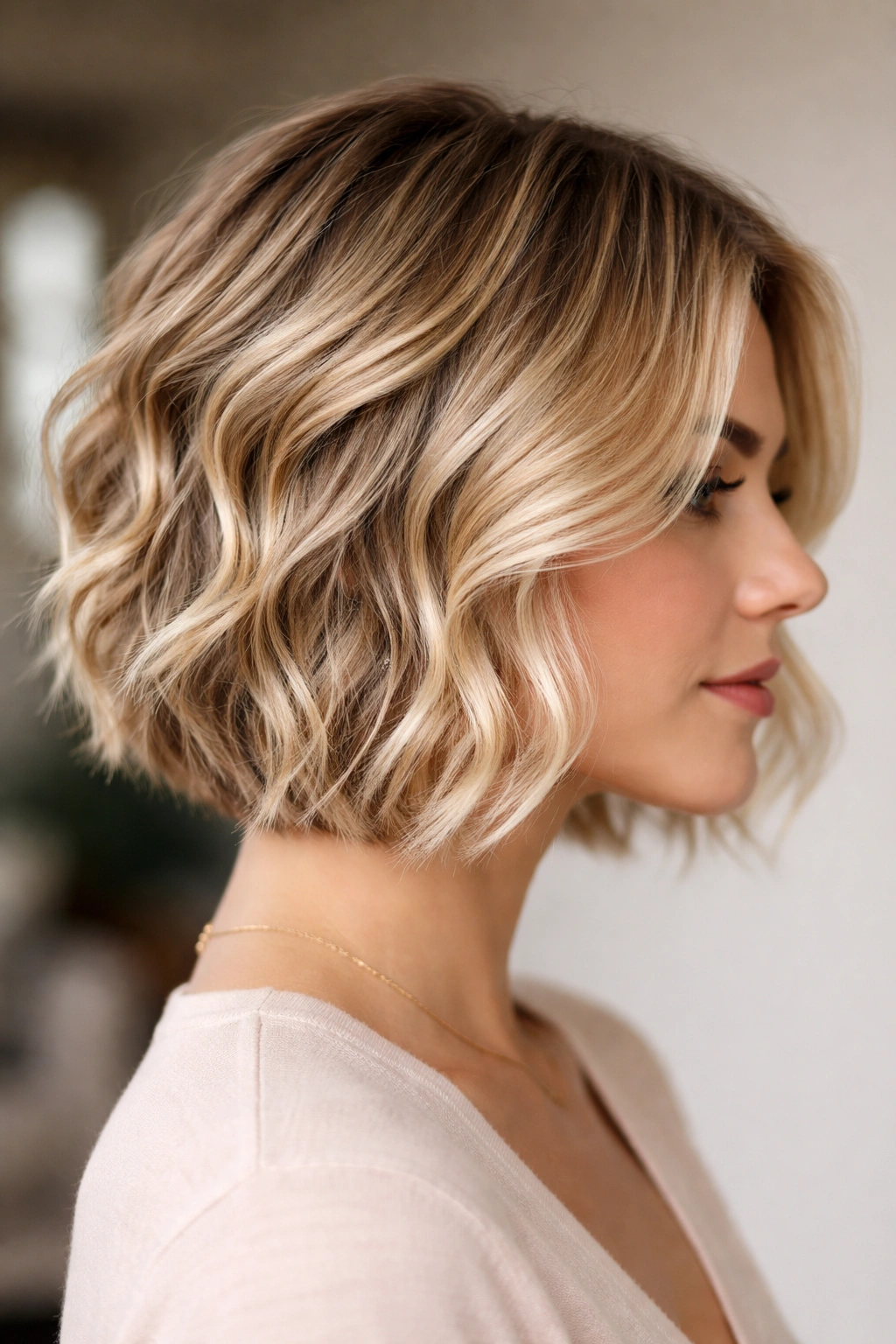 Profile view of piece-y blonde dimensional waves with multi-tone highlights