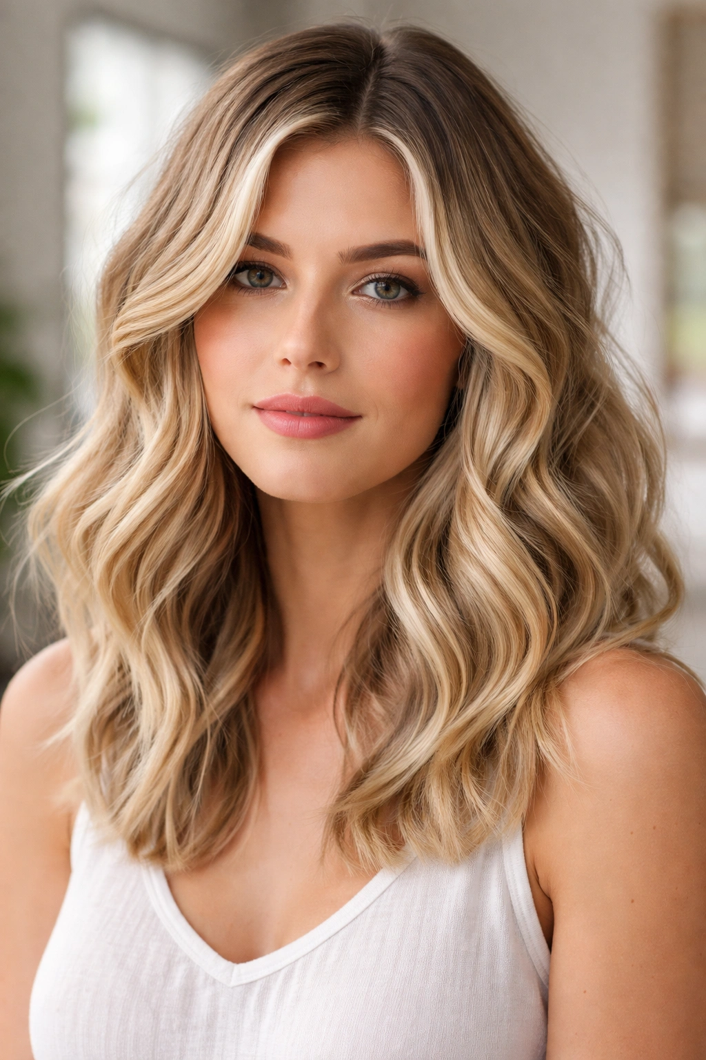 Close-up of shoulder-length hair with dimensional blonde waves and multi-tone color.