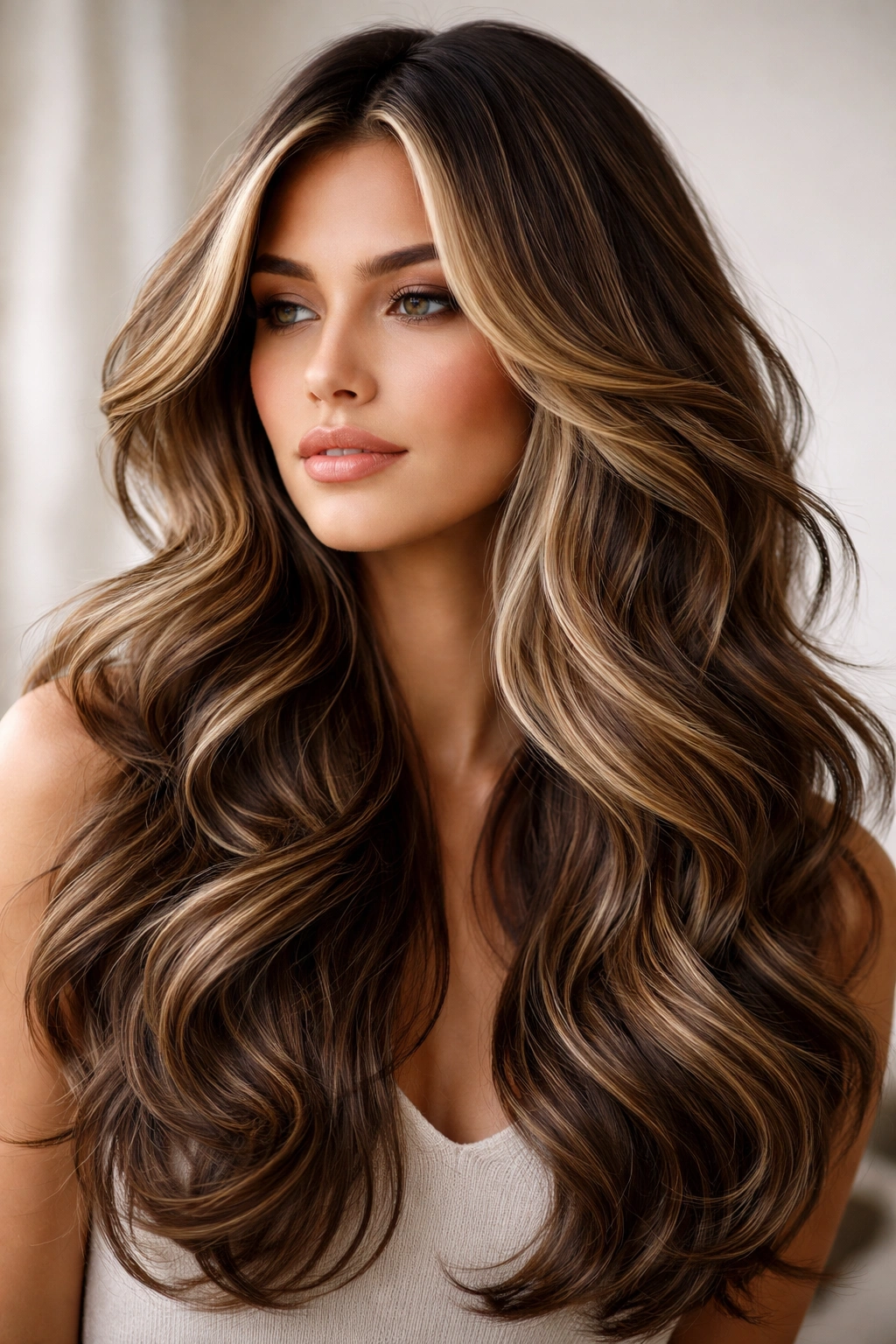 Portrait of a model with dimensional butterfly cut and highlights in long waves