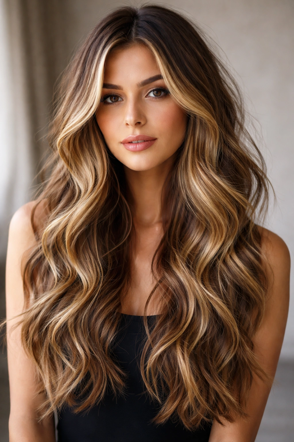 Long waves with dimensional balayage highlights and multi-tonal color