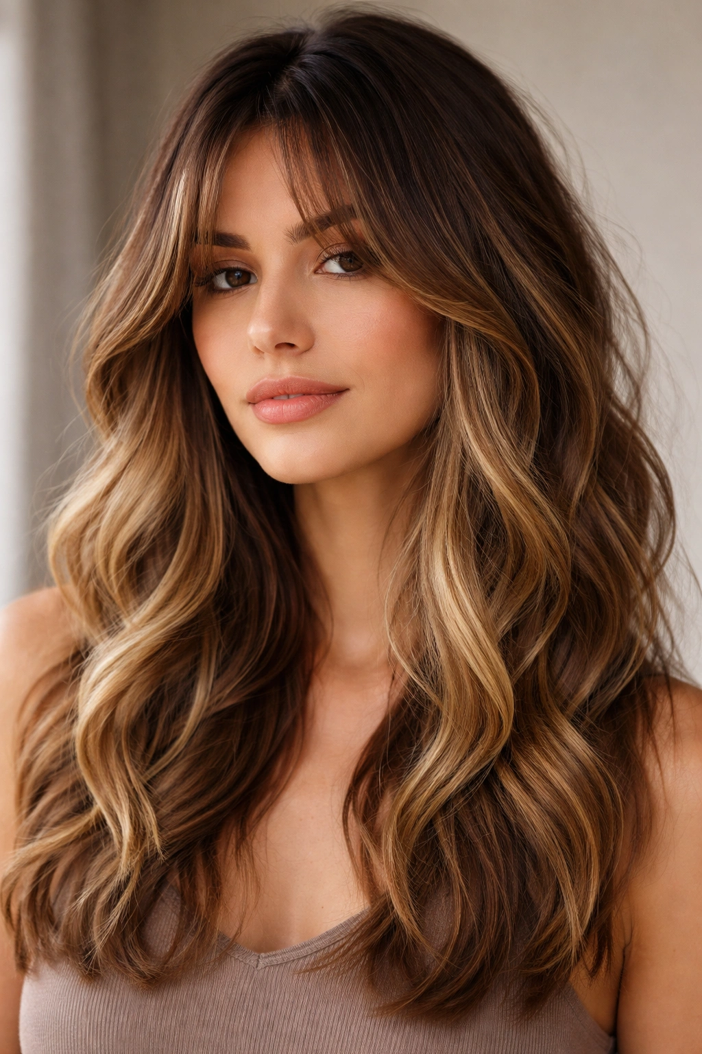 Wavy hair with dimensional color and shadowed curtain bangs framing the face