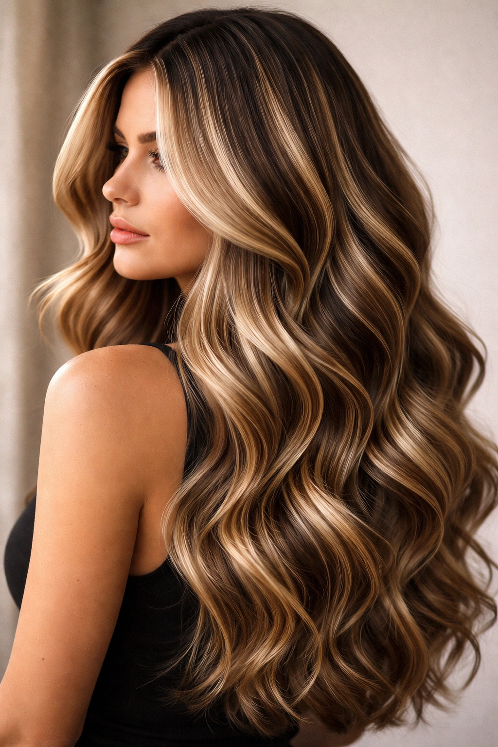 Close-up of dimensional highlight panels on long loose waves