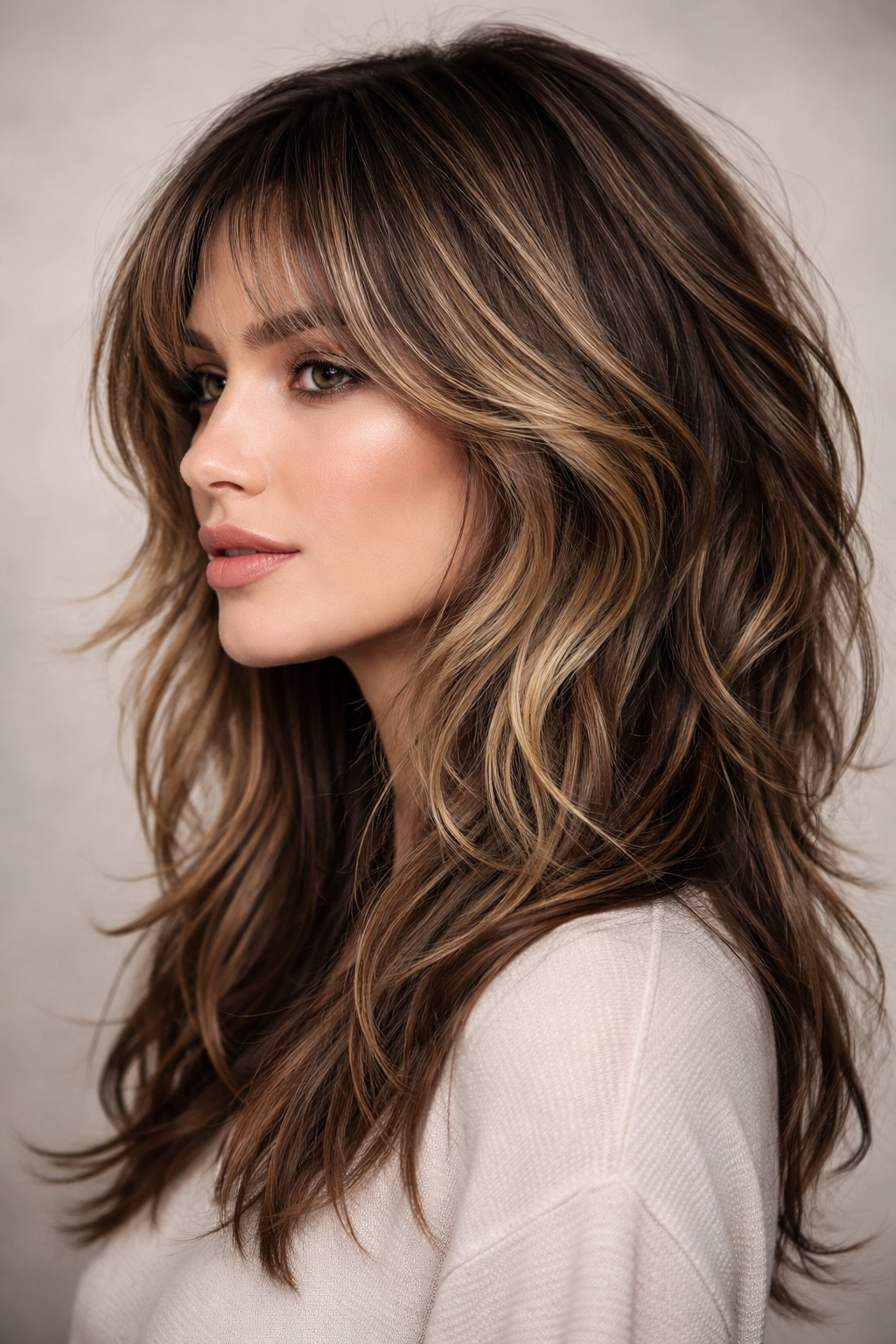 Close-up portrait showing dimensional wolf cut with highlights along layered planes.