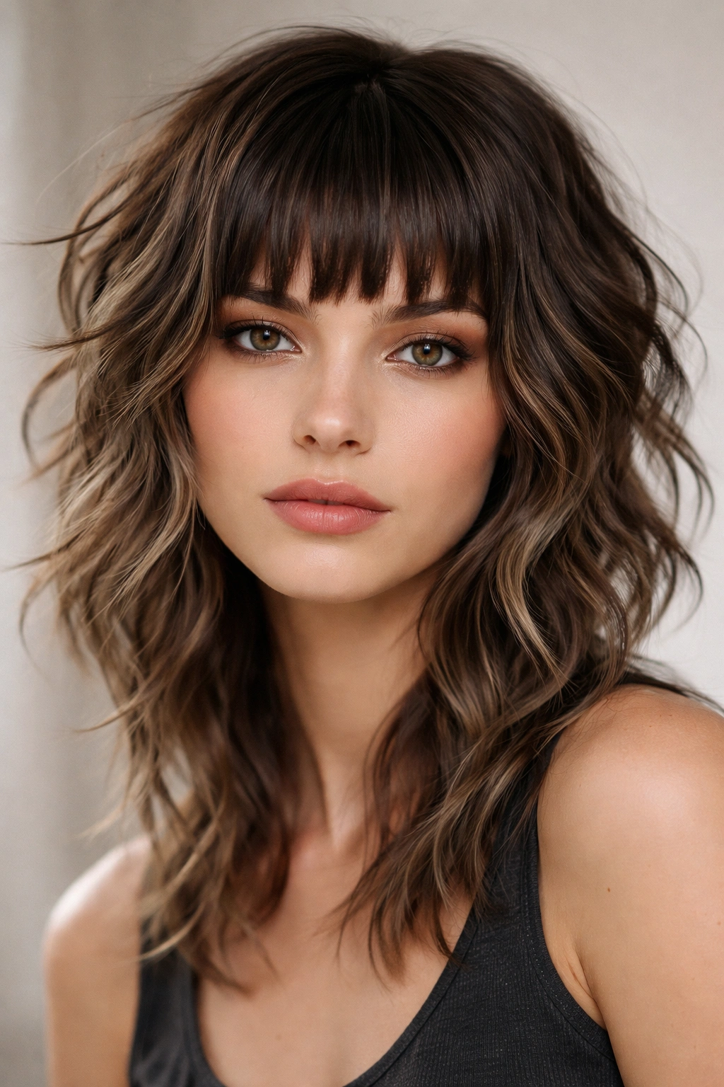 Wolf cut with disconnected bangs above the brow and textured waves