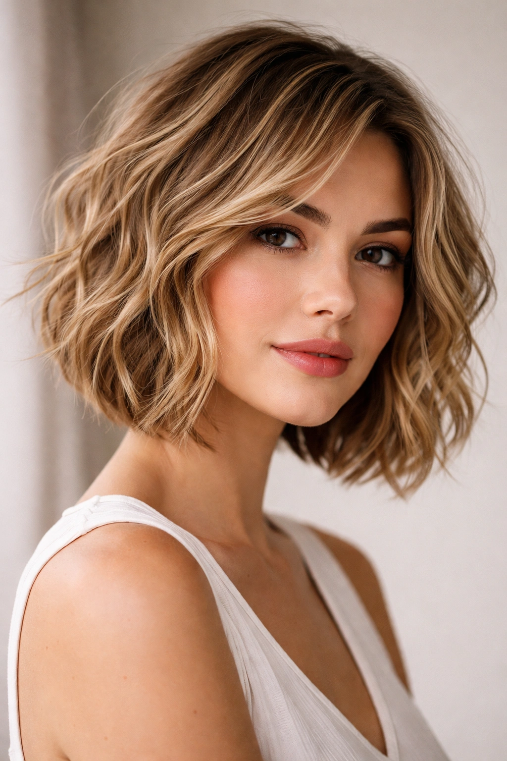Chin-length medium bob with disconnected layers and soft waves on a model
