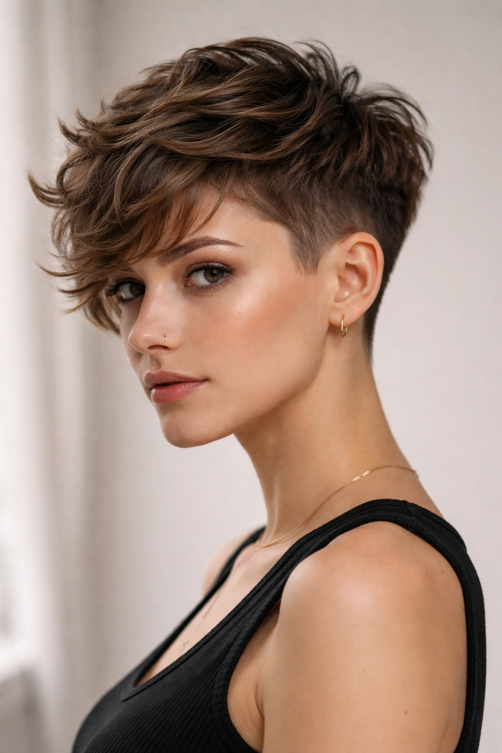 Close-up of a model with a disconnected crop featuring a textured top and short sides