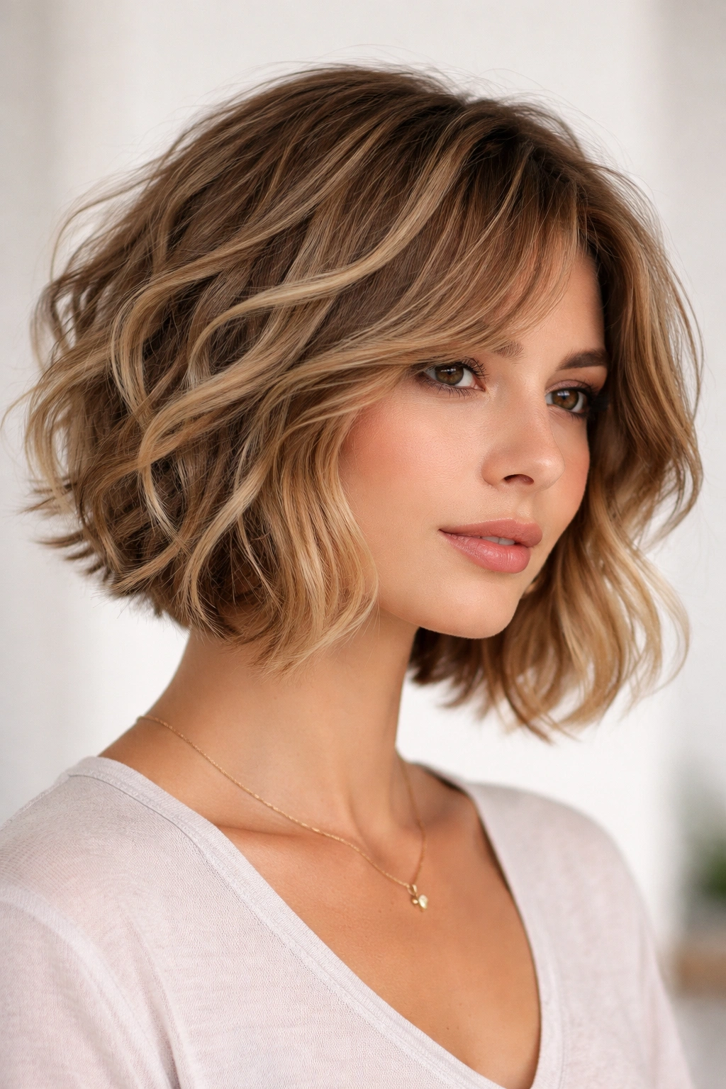 Profile portrait showing a disconnected layered bob with top short and bottom long layers