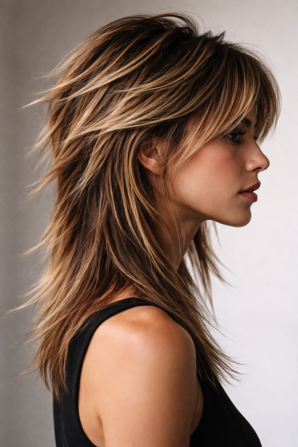 Side profile of a hairstyle with disconnected layers and sharp contrasts