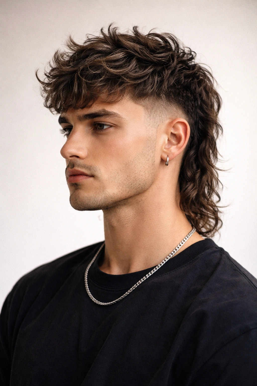 Portrait of a person with a disconnected mullet showing a sharp top, faded sides, and longer back