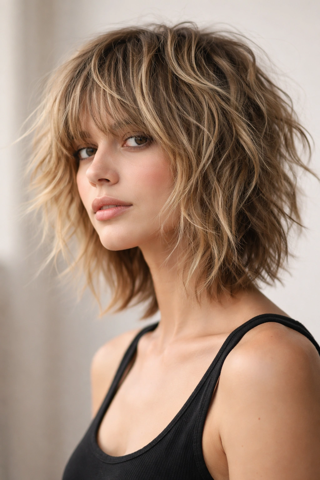 Close-up of a model with an extremely textured disconnected shag bob on fine wavy hair