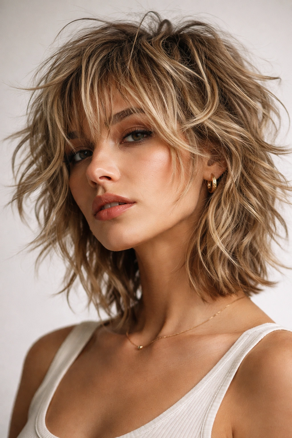 Disconnected shag hairstyle with heavy texture and multiple directional pieces.