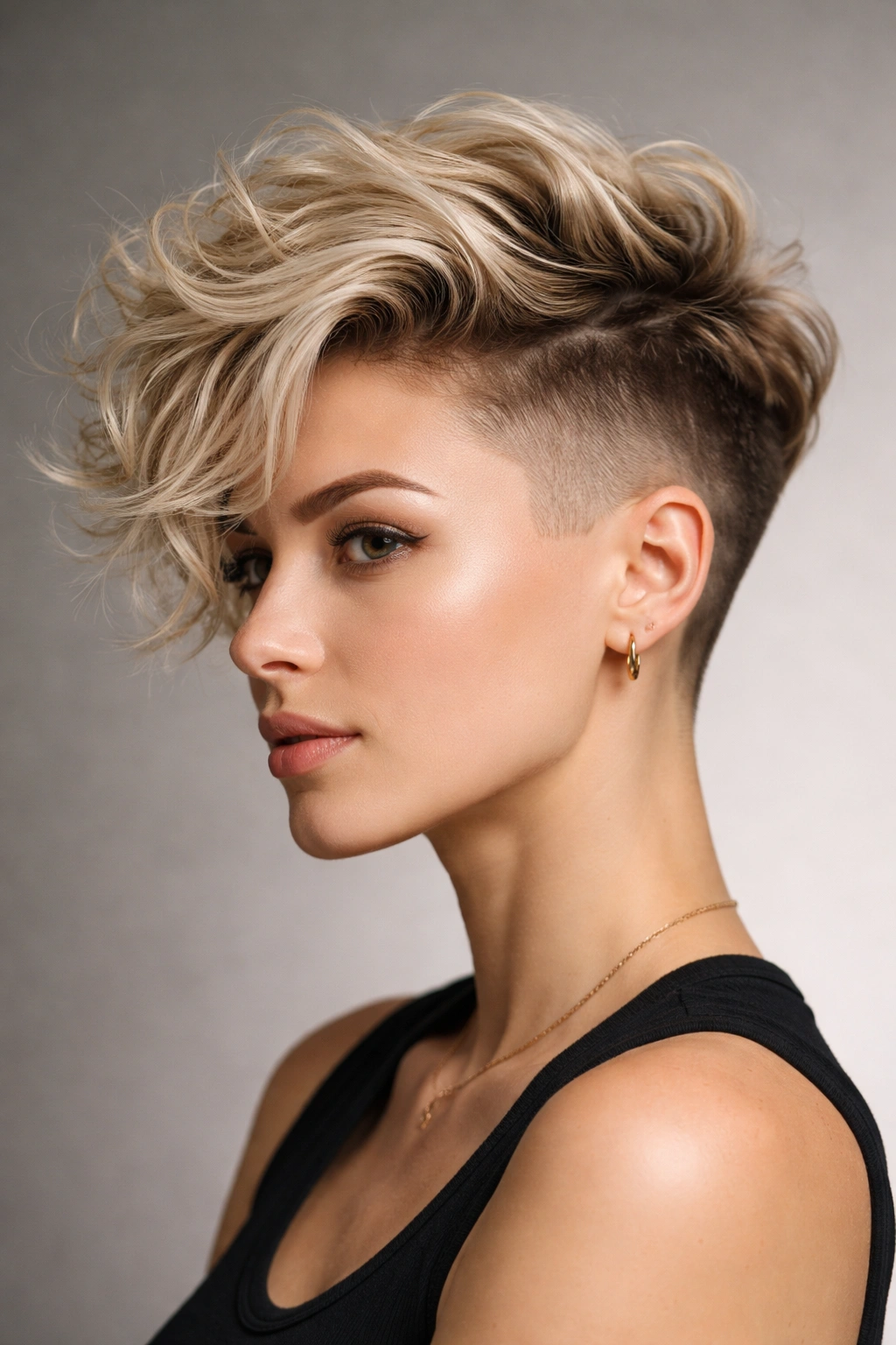 Side profile of blonde hair with a disconnected undercut and long wavy top