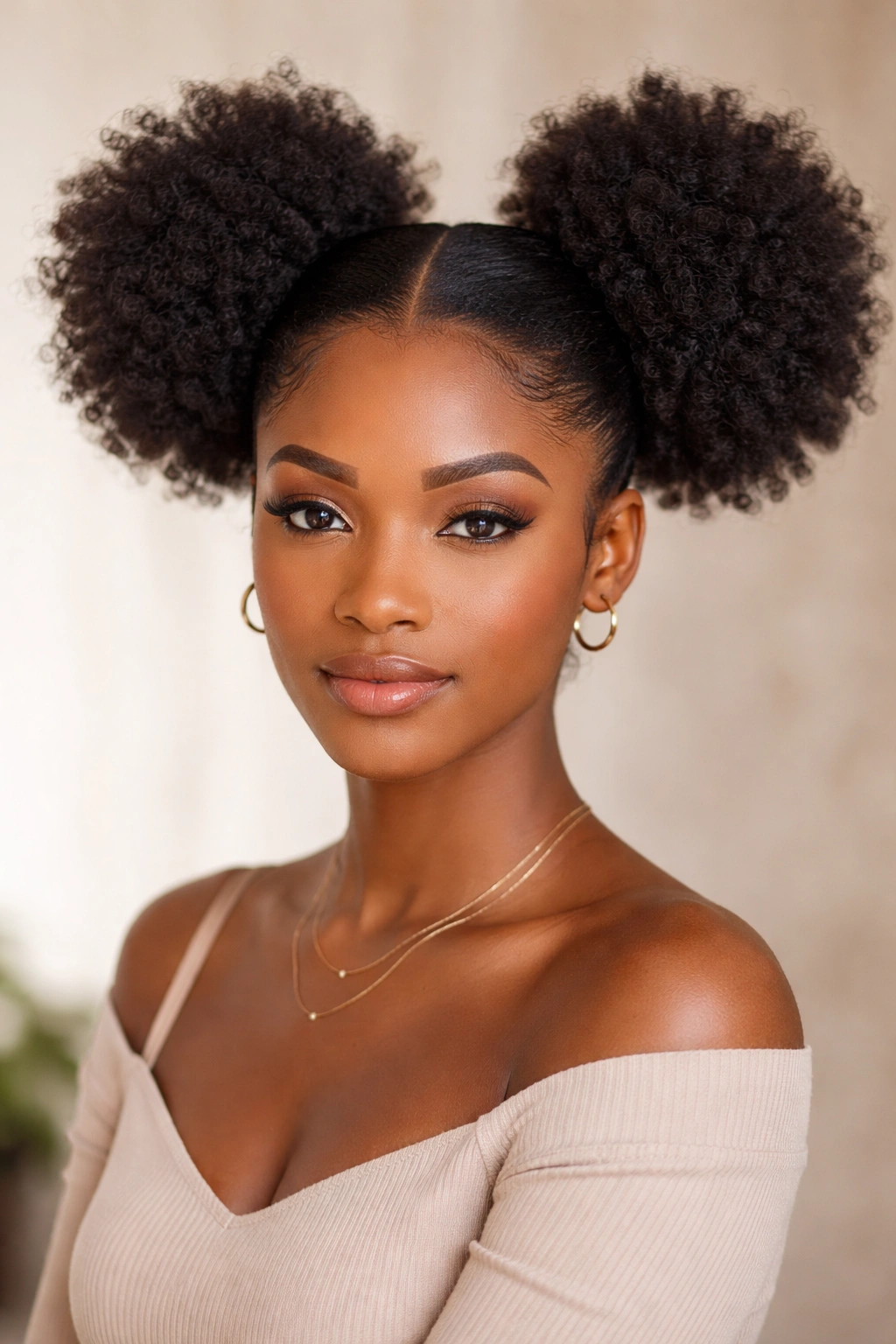 Two symmetrical afro puffs on each side of crown part, studio portrait