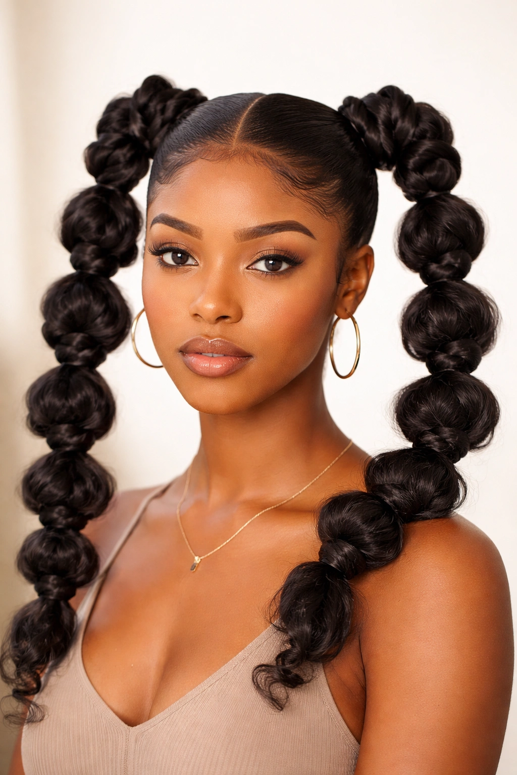 Two symmetrical bantu knot ponytails on opposite sides of the head.