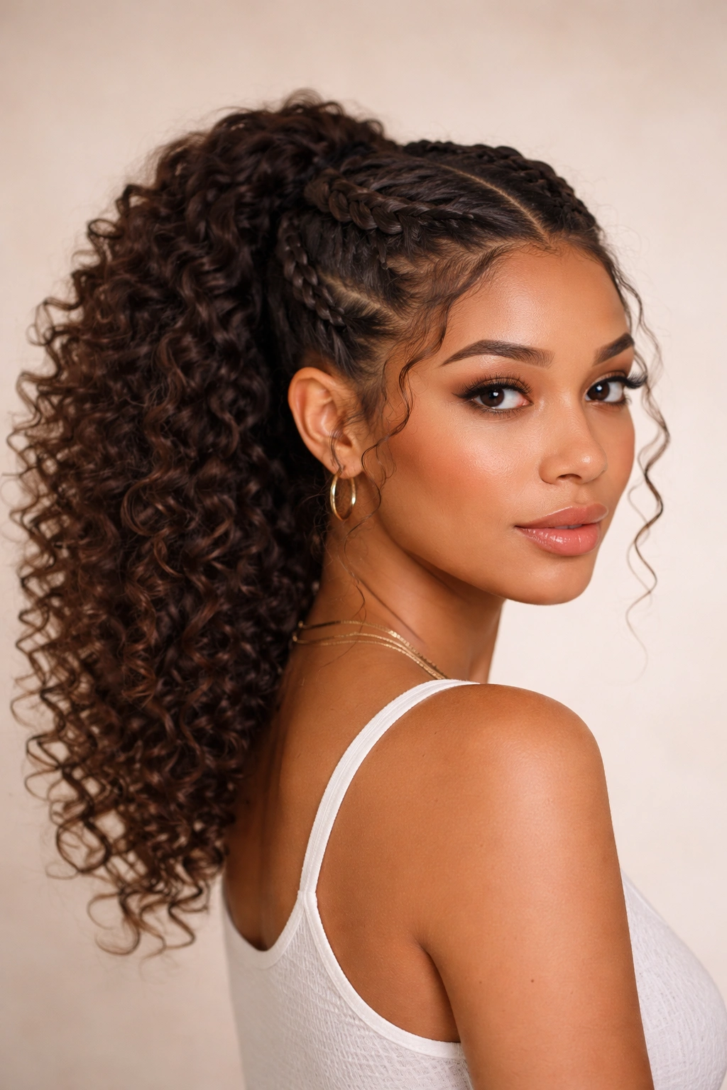 Two symmetrical braids meeting into a single ponytail at the back.