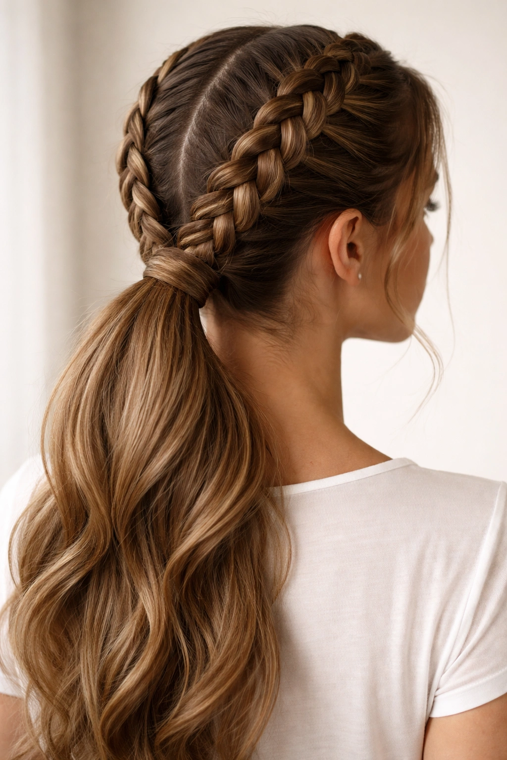 Close-up view of two Dutch braids forming a secure ponytail on thick hair