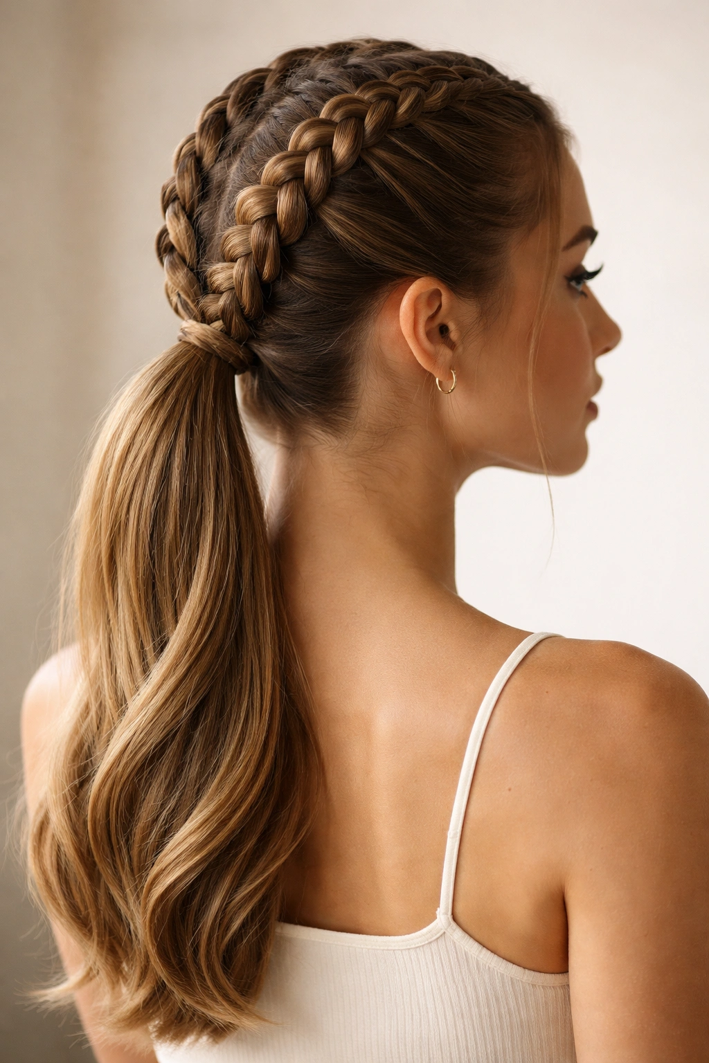 Close-up of two Dutch braids on the crown forming a sleek ponytail