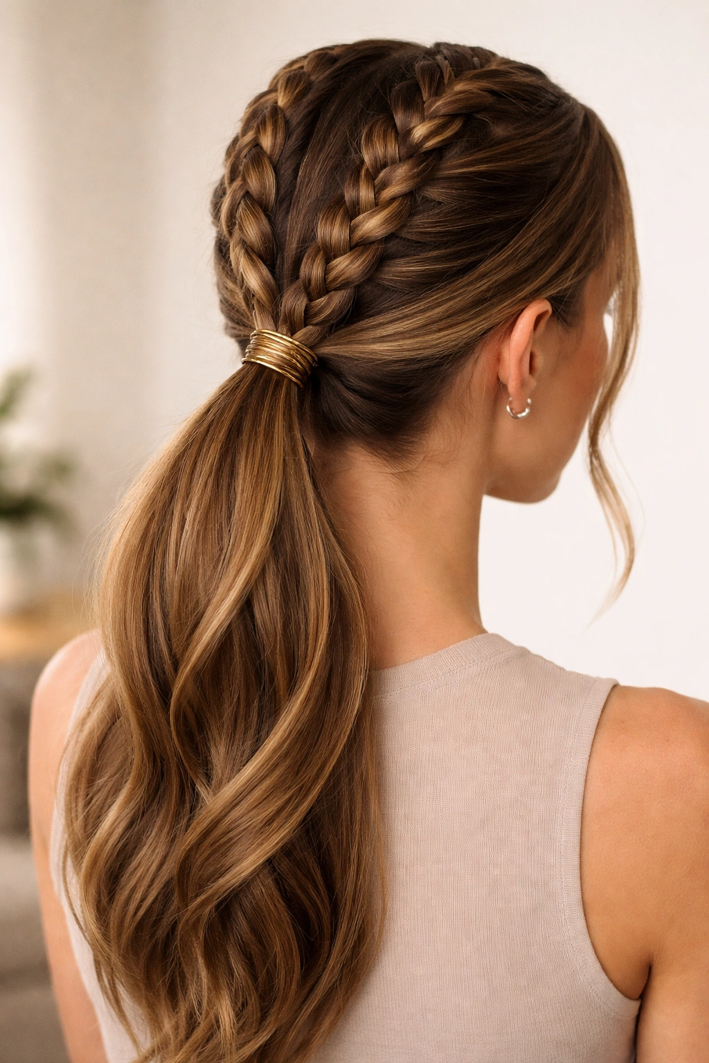 Two parallel braids converging into a single ponytail for added texture.