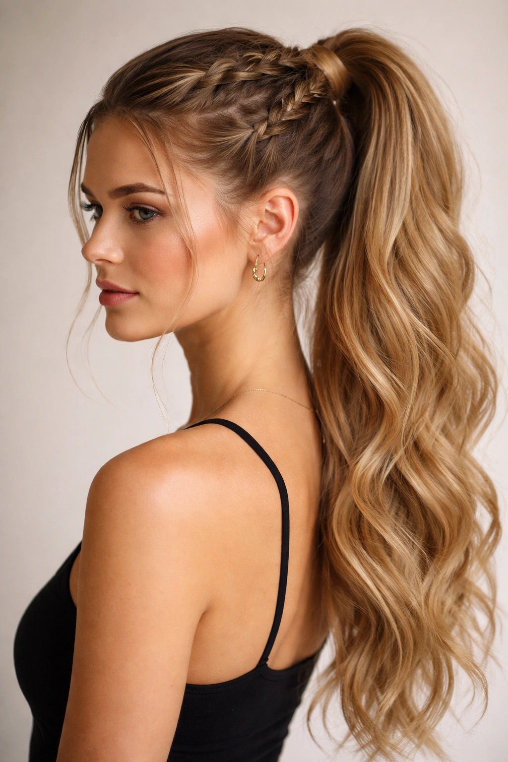 Two parallel braids meeting into a high ponytail