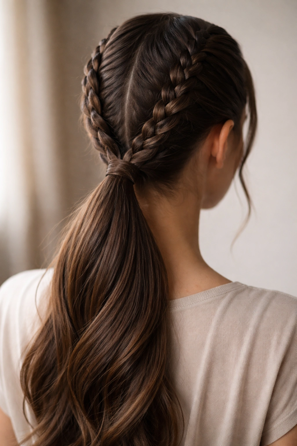 Close-up of a double braided ponytail from behind, two neat braids merging at the nape with glossy hair