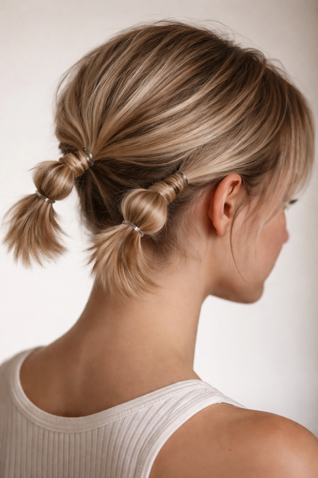Two small bubble ponytails on short hair at the back.