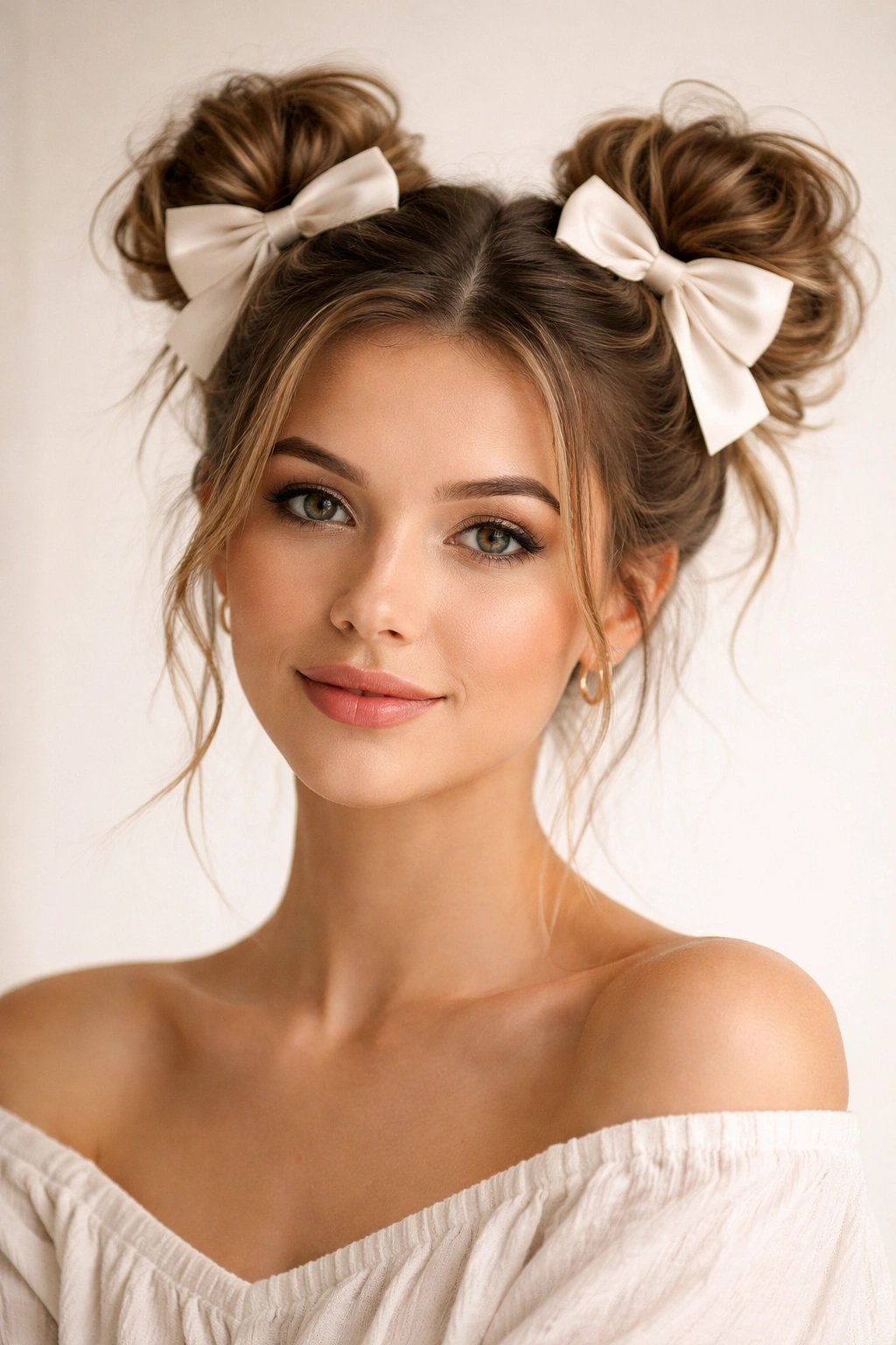Two messy buns with matching bows on each side of the head
