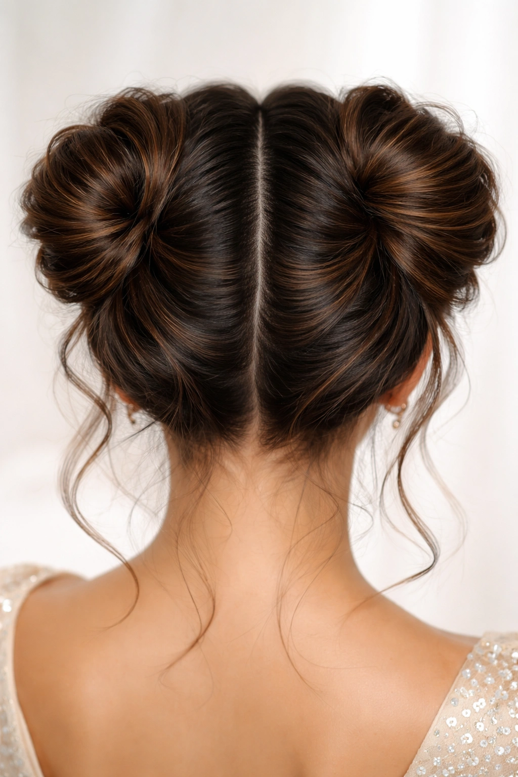 Two twisted buns with a centered part at the crown