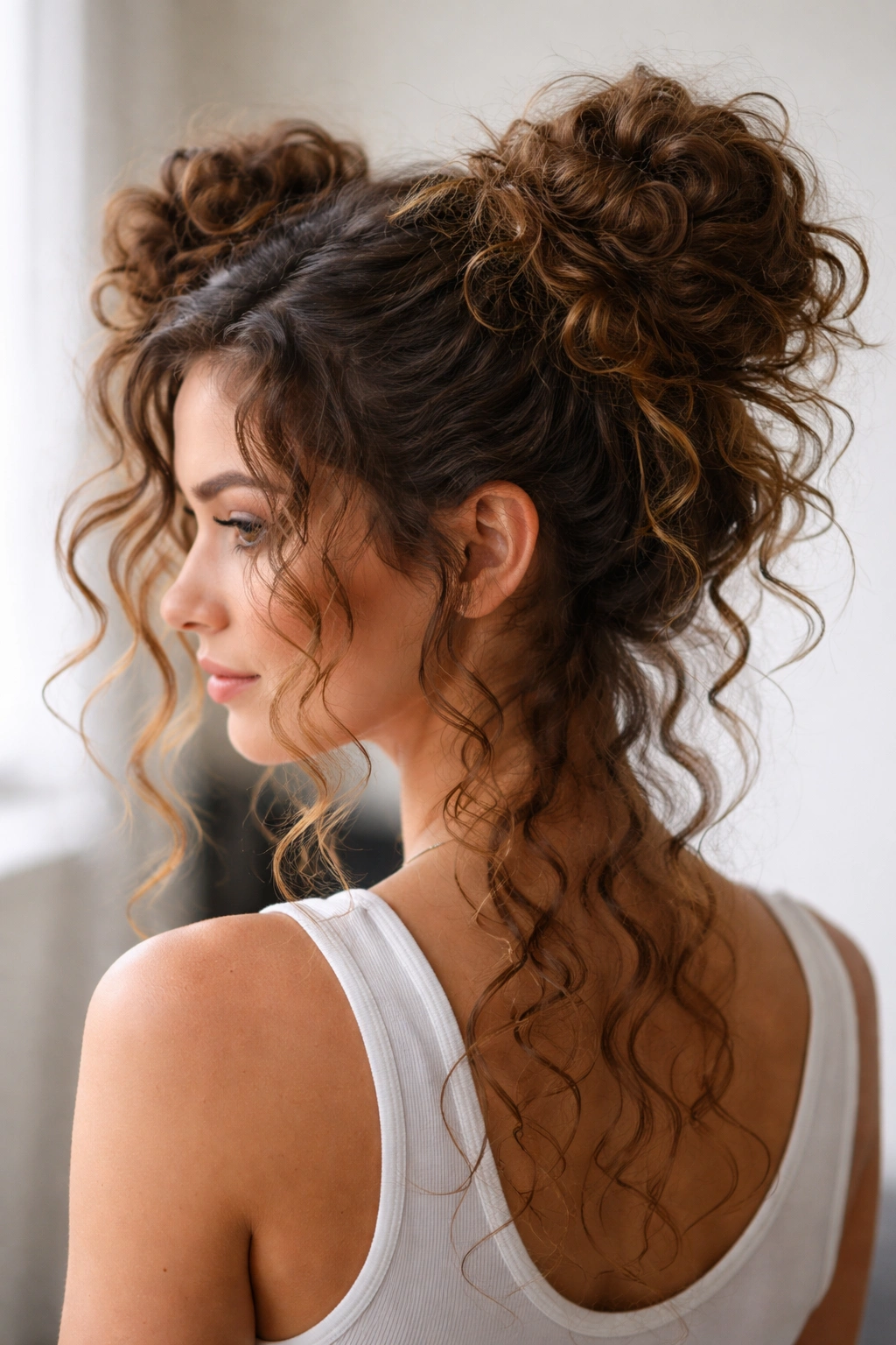 Two loose buns on either side of the head with visible curls