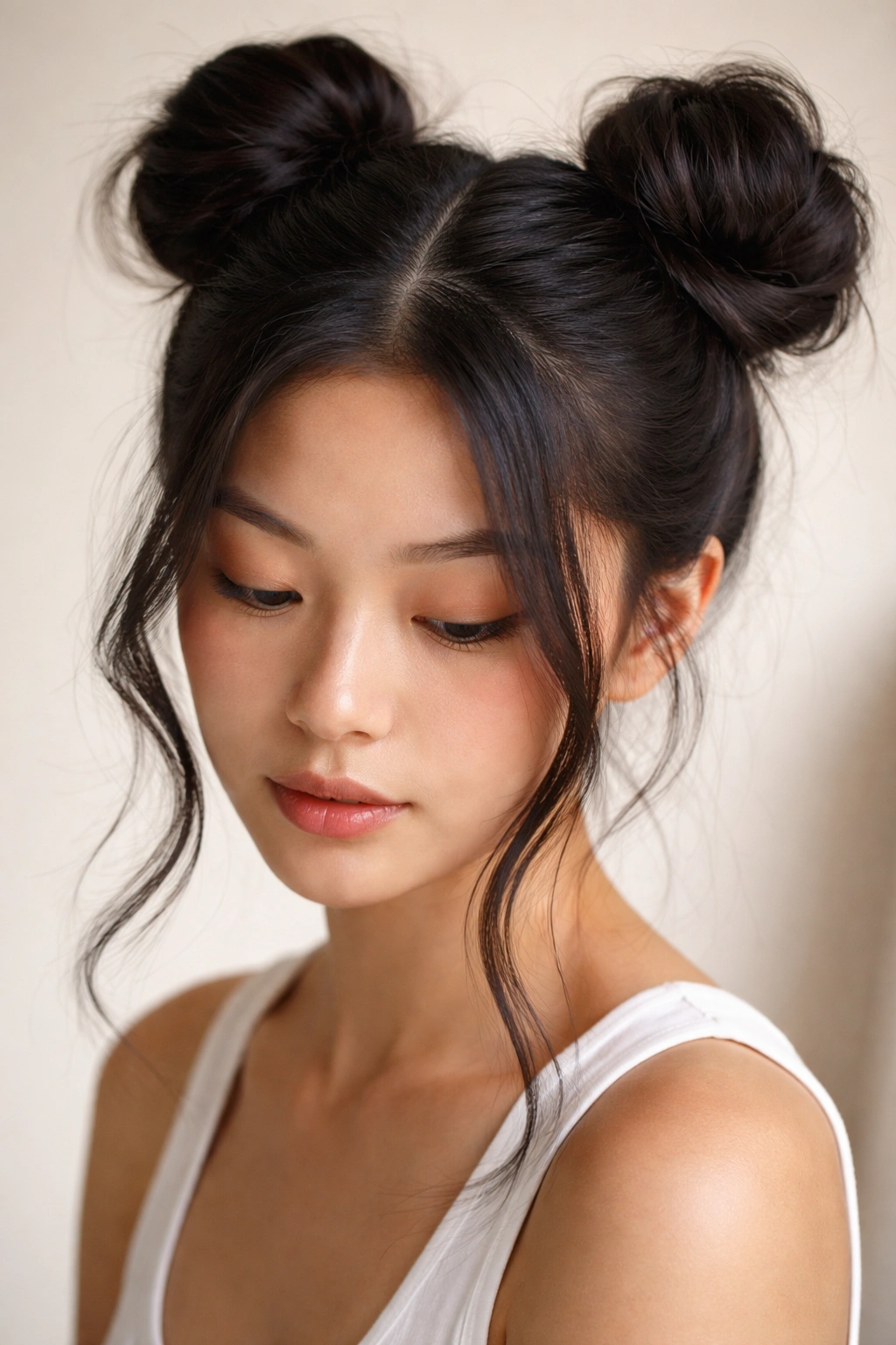 Two compact buns placed on top of head with face-framing strands.